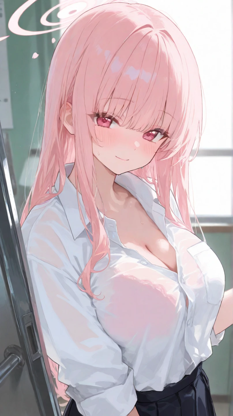 Woman sitting on chair in front of window,office,sitting in front of a computer, Fascinating office ledy, 28 years old,Slender figure,White blouse,clavicle,Cleavage,Pink Bra,detailed Digital anime art, Charming smile, Portrait, Ilya Kuvshinov. 4k yen, Smooth anime CG art, Cute realistic portrait, Beautiful Anime Girls, Digital anime art, Gweiz-style artwork, Cute Anime Girl, sitting in front of a computer,