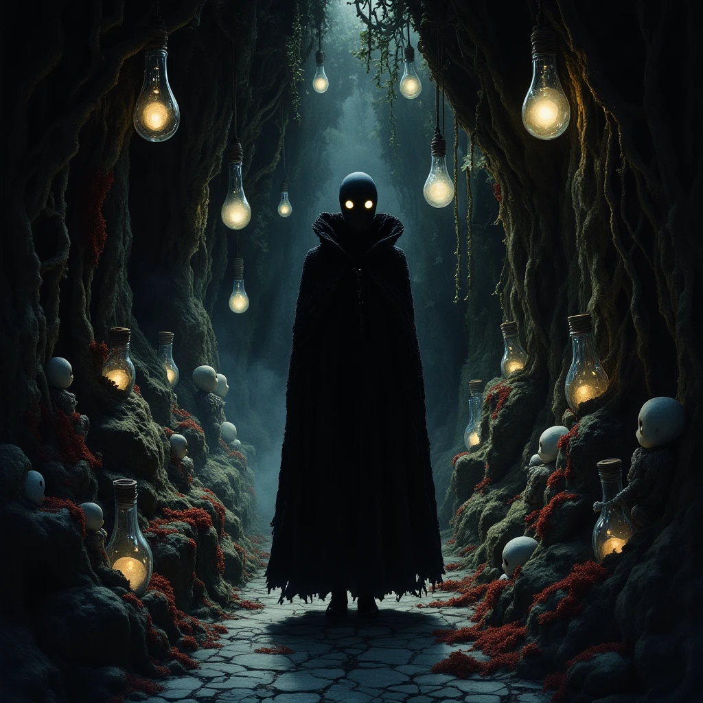 A crowd of spectrally translucent skeletons advances in a sinister procession. Their bones creak as they drag rusty chains across the floor, echoing through an abandoned cemetery. A luz da lua ilumina seus vazios olhos ocos, accentuating her menacing appearance and infusing the scene with a palpable sense of fear.