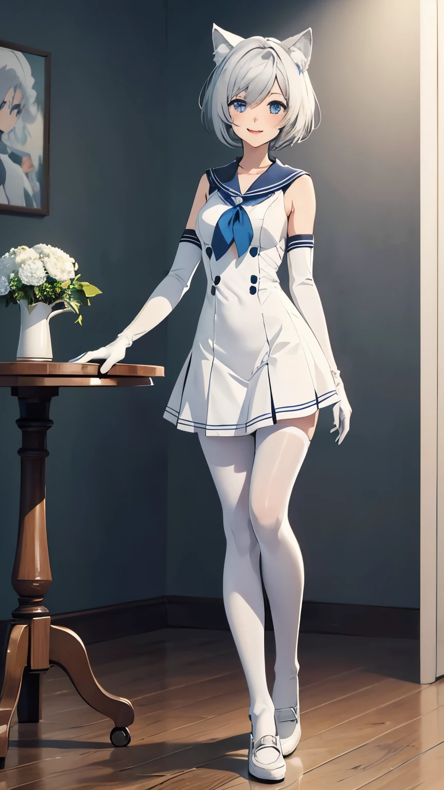 ((Biologically correct limb count)),(( From head to toe,Full-body photo including face)),4K,((Standing position)),masterpiece,((Focus on the face)),((Symmetrical facial features)),Eyes with detailed description,Beautiful woman,Great style,Beautiful arms,Beautiful legs,Beautiful Hands,(Small Ass,Thin thighs),Detailed depiction of the face,Small earrings,necklace,(Latex sailor suit,mini skirt((High heels,Patterned stockings))),((Waiting for someone to meet up)),Silk gloves,Realistic photo,Short Hair,Stand at an angle