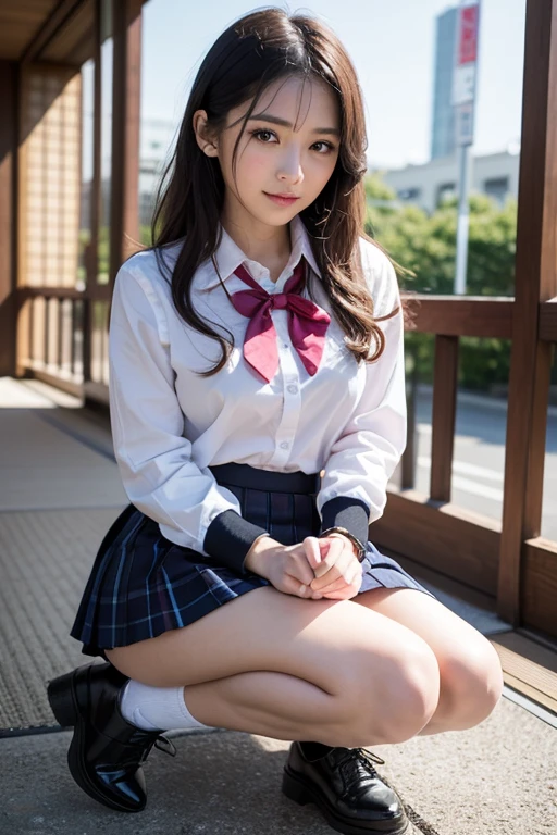 ((masterpiece)), ((highest quality)), (Super get used to it), ((cute)), cute, ((sexy)), (get used to it), ((very get used to it)), 4k, (8K), highest quality, (beautiful), hyper cute face,hyper genuineistic, genuine, (((from below))), (whole body), close, thick outline, clear outline, ((Park bench during the day when cherry blossoms are in full bloom)), (1 girl, cute girl:1.5), (high school girl uniform :1.5), beautiful light brown hair, beautiful brown eyes, ((beautiful eyes)), (sit on a park bench, look up at the cherry blossoms, mini skirt:1.3), (white underwear), short hair, big breasts, smile