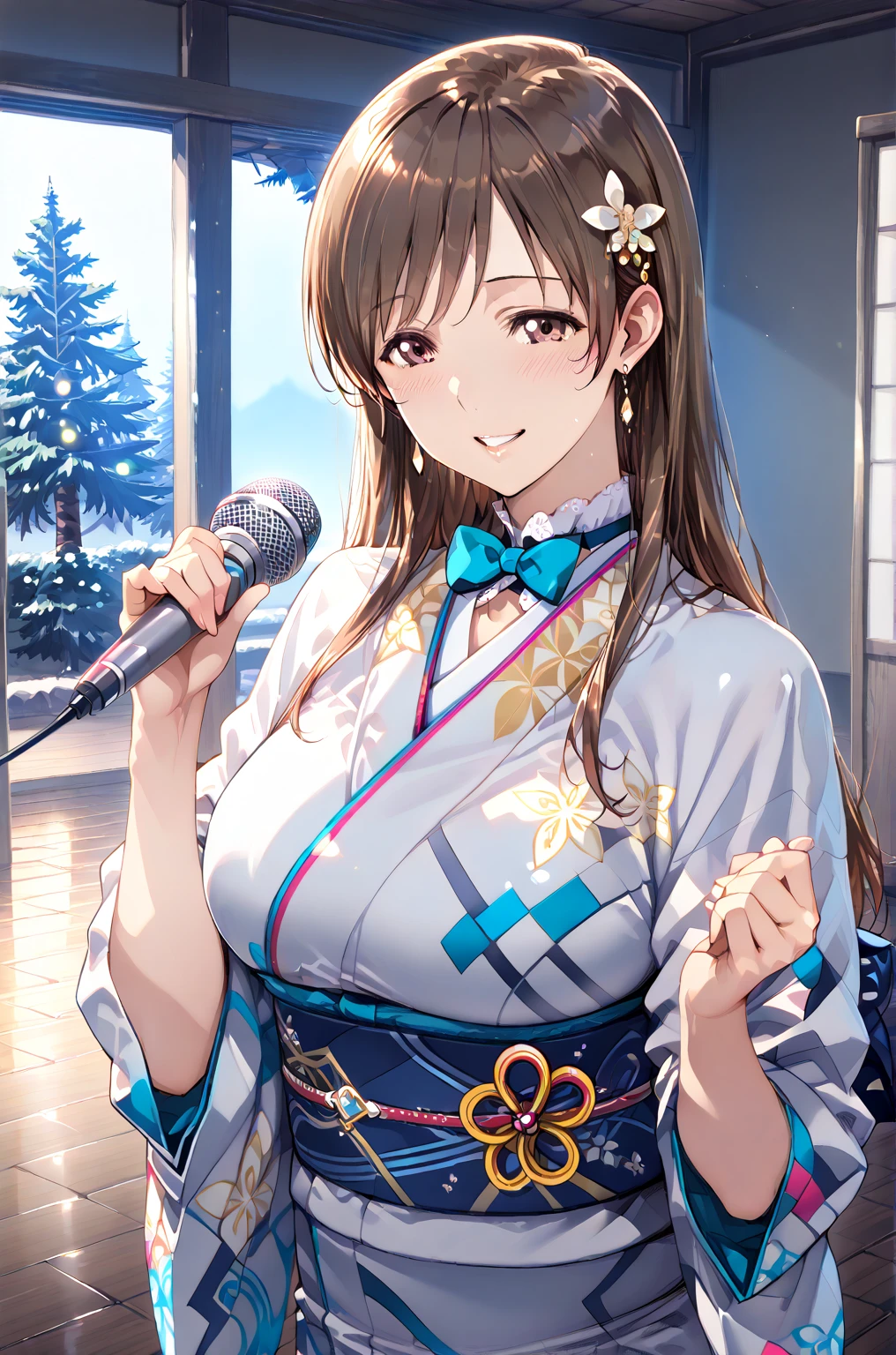 Top quality, ample limbs, perfect fingers, slender beauty, twin-tailed bun hairstyle, brown hair, Deresute, A costume of Floral haori and minihakama with a flashy pattern,Band instrumentskeyboard, beautiful large breasts, live stage, Playing Band InstrumentsKeyboard