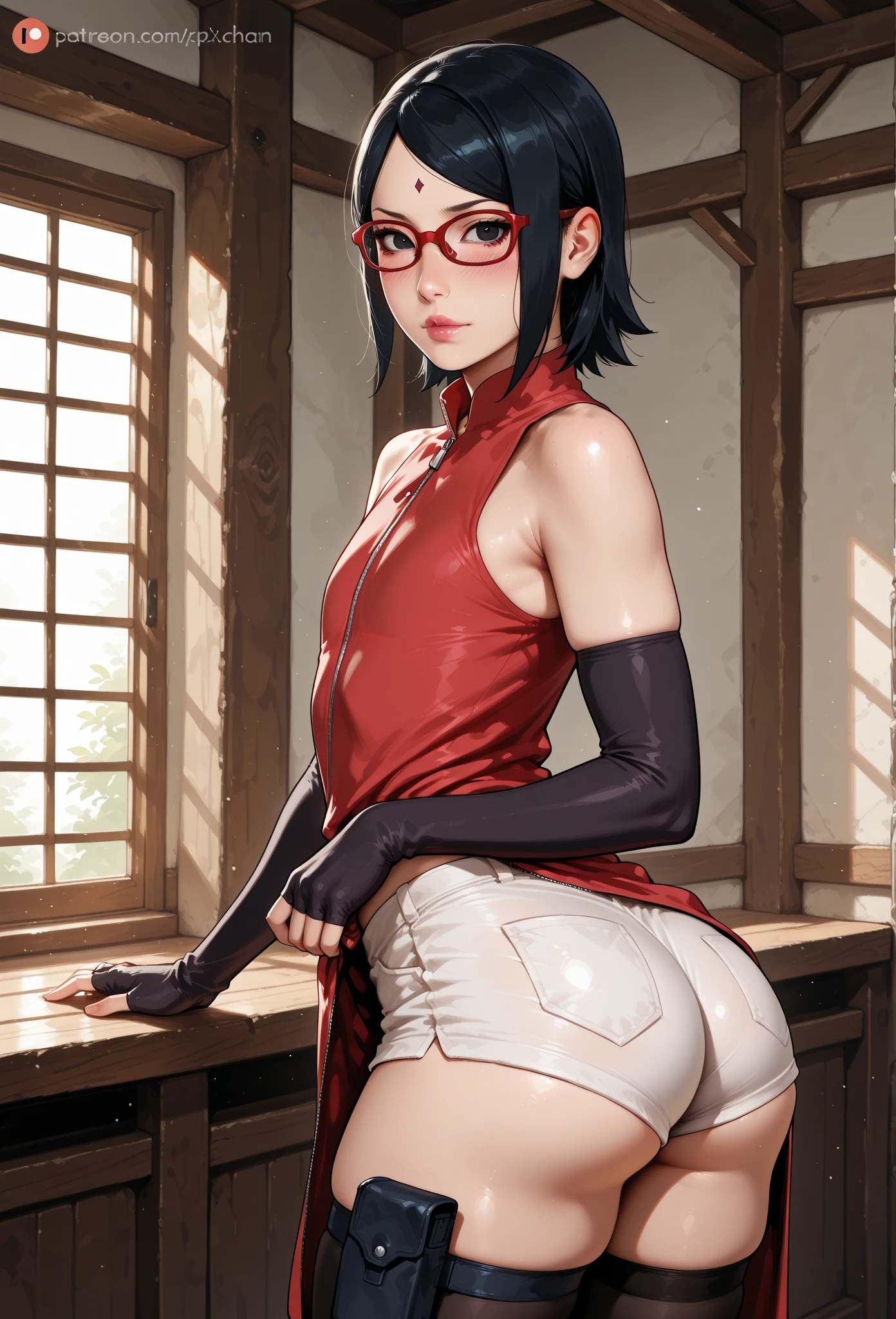 (flat chest:), (masterpiece:1.2), highest quality, High resolution, unity 8k wallpaper, (fine and beautiful eyes:1.6), highly detailed face, perfect lighting, Detailed CG, (perfect hands, perfect anatomy), (1 boy solo:1.4), 20 years old, black hair, extremely beautiful detailfeminine face and eyes, (evil smile:1.4), detailed eyes, best quality,( dark skin:1.8), (turtleneck shirt under yukata:1.2), (bike shorts:1.2), extremely detailed, very precise detailed, (glasses:1.3), blunt bangs, open mouth, (very short pixie cut:1.2), boots,fingerless gloves, smile, half closed eyes, ,(on kawara roof),night sky, ,long sidelocks,(long red Scarf),(yukata),(squatting), ears,(acrobat pose:1.3),(squat:1.3),leaning forward,(one knee dwon:1.5),(Put one foot in front:1.3),(stylish pose:1.4),(Raise index and middle fingers together:1.5)