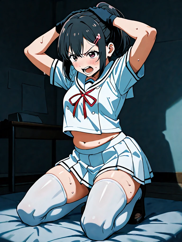 Reina Kousaka:1.6,(cel anime:1.2), (from very below,ceiling:1.5),(day:1.7), (back shot,ass,butt up from miniskirt,back view,ass,butt up from miniskirt,from behind:1.4),(thighs:1.3),(Very pretty panties from miniskirt:1.2), (back facing:1.2), (ass view from miniskirt:1.3),(sweat skin:1.3),(cute cheerleader uniform costume,cute blue_super_short_miniskirt,cute_white_panties:1.7), black_hair,long_hair:1.2,(rope shibari over the clothes:1.5),(arms behind back:1.3), (upskirt,panties focus:1.4),(spread legs while standing:1.4),
1 girl, 18yo,Young female,Beautiful Finger,Beautiful long legs,Beautiful body,Beautiful Nose,Beautiful character design, perfect eyes, perfect face,
(frown,shame,embarrassed,anger,troubled eyebrows,crying,opened eyes tightly, closed mouth,clenching teeth,full face blushing,glaring,looking back:1.2),looking at viewer:1.3,
NSFW,official art,extremely detailed CG unity 8k wallpaper, perfect lighting,Colorful, Bright_Front_face_Lighting,
(masterpiece:1.0),(best_quality:1.0), ultra high res,4K,ultra-detailed,
photography, 8K, HDR, highres, absurdres:1.2, Kodak portra 400, film grain, lens flare, (vibrant_color:1.2)
(Beautiful,medium_Breasts,natural pointy tits:1.3), (beautiful_face:1.5),(narrow_waist),