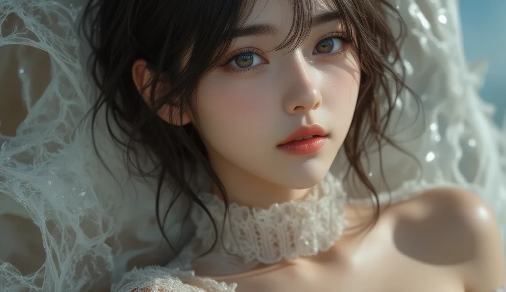 (Skin dents:1.5), Realistic, Realistic, (masterpiece:1.5), Concept Art, Intricate details, Very detailed, Realistic, Octane Rendering, 8k, Unreal Engine, Dynamic pose, Highest quality, High resolution, (Realistic Face:1.1), (超Realistic:1.1), ((full_body)), Perfect Eyes,(Shiny skin:1.2), (((Hairstyle))), (((perfect hand 1.5))), (Very detailed背景), ((Dynamic Background)), (Light), ((fine grain, High quality eyes, High quality face)), (((flowing Hairstyle))),  wonderful, Written boundary depth, Bokeh, 4K, ((Gothic 1.5)),, Lightning, Glowing blue iris, (((Gorgeous see-through dress for the evening)1.5)),Glittering necklace and earrings、Full body photo、