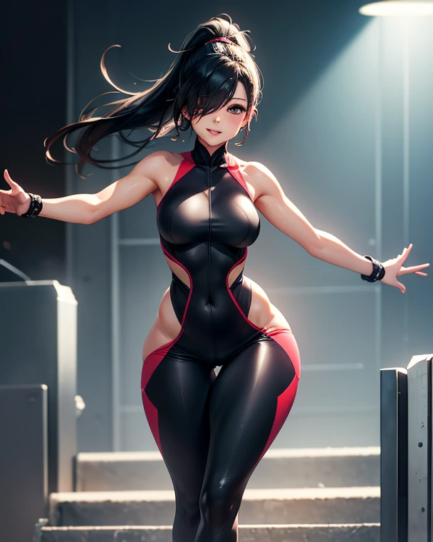 Full body asian cyber girl with a ponytail. black hair and blue eyes. Clothing like cat woman.tight-fitting clothes