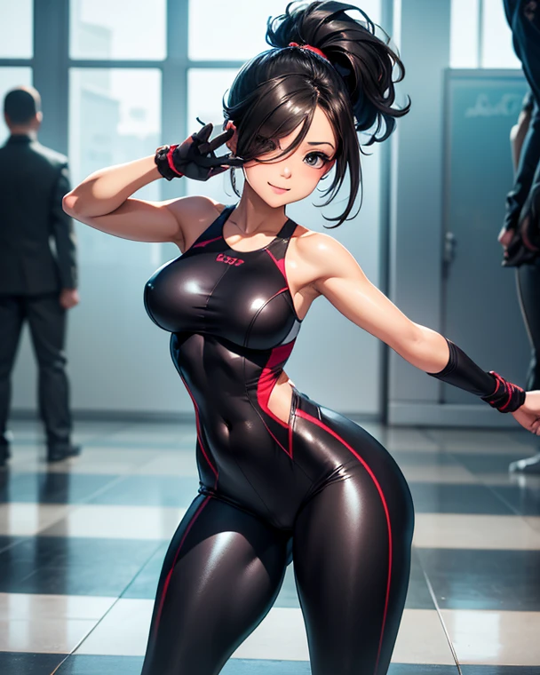 ((Looking away2.0,from side)),Inside the sports gym,inside the dance studio,((face close up1.8)),One girl,sweat,(dark skin color),short black hair,seductive smile,high-neck-leotard,bodysuit.