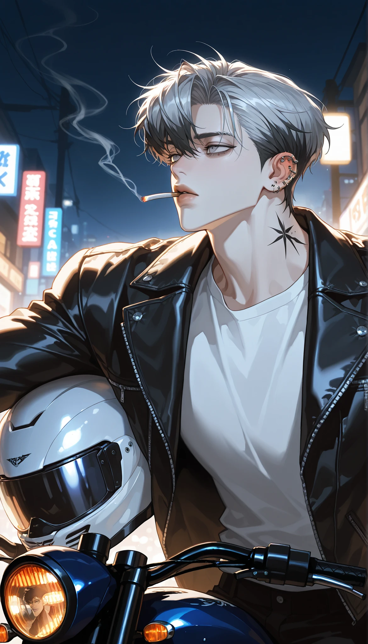 ((걸작, top quality)), handsome, alone, 1 male, short hair, gray hair, smoke gray hair tips on black hair, gray eyes, white shirt, black leather jacket , smoking, night, Black Light, sharp chin, big eyes, Thick lips, lots of piercings in the ear, cross tattoo on the back of the hand, many gray rings, straight and pretty nose, (leaning against motorcycle, holding helmet in arm)