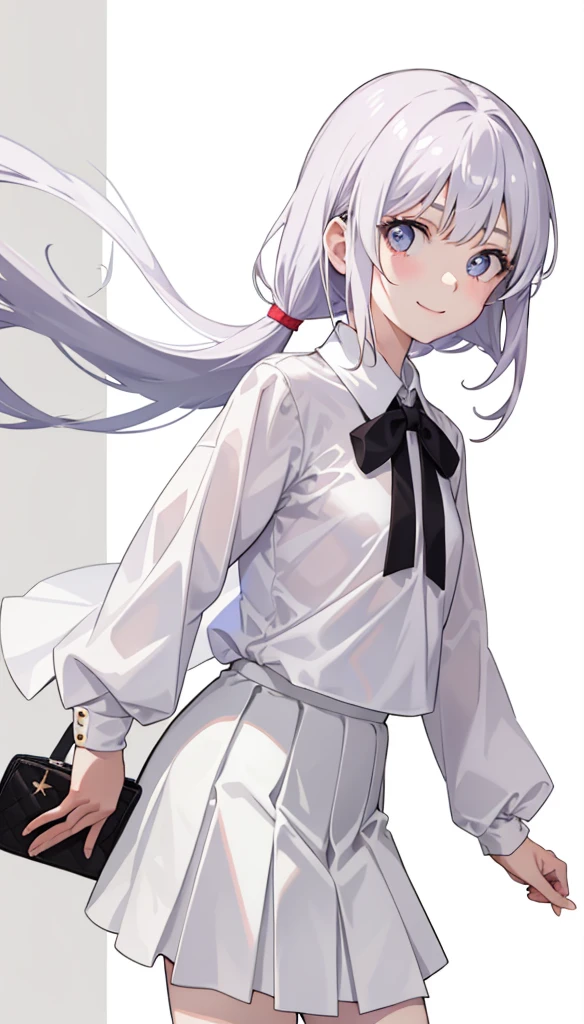 1girl in、A smile、light skinned、The shirt、Blouse、(paler)skirt by the、(small tits)Chilarism、movement、Upper body portrait、