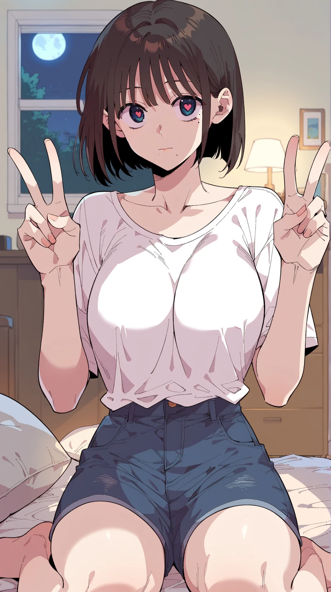 One Japanese woman, Being in a dimly lit room, Look this way and make a peace sign, clumsy smile, The upper half of the body is wearing a white off-the-shoulder knit with a strong sense of transparency., see-through, Lower body is half pants, Take off your pants lightly, relatively large breasts,  sexy, Sweat dripping, Dark brown hair, I can see a red heart in those pale brown eyes., Three hearts floating, Shine a strong red light naturally, A healthy skin glow, Breathing heavily, My body is burning hot, Medium Hair, The skin is showing through the clothes a lot., Blushing, There is a bed in the room