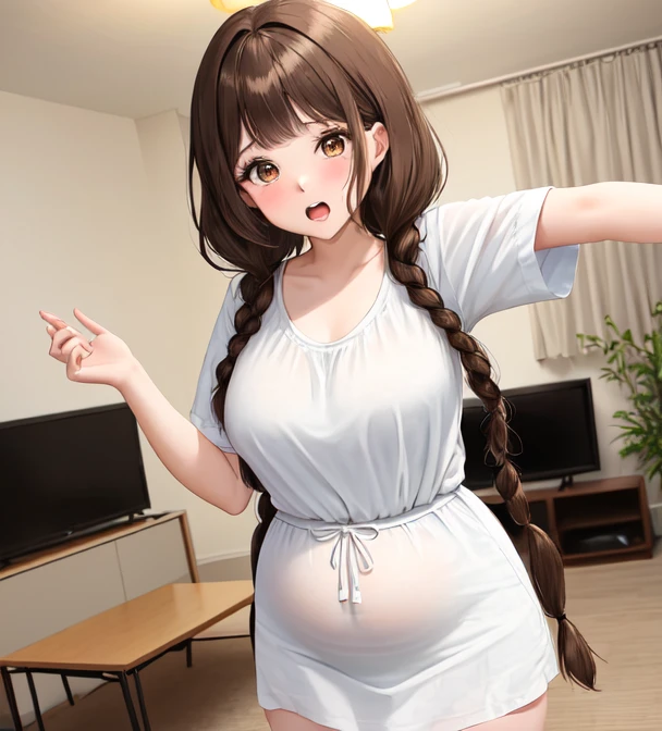 hoang lap、tmasterpiece、Best quality、realisticlying、Hyper-detailing、(Shiny skin,sweat leggs:1.4)、Slim、Look at the audience、1girll、Solo、tennis wear、White polo shirt、White sneakers、white mini-skirt、long whitr hair、silber hair、eBlue eyes、(thick thight:0.5)、动态照明、A high resolution、sharp fokus、depth of fields、Large breasts,Pregnant belly,Pregnant women with,a navel,A pair of hands,ssmile,Eyes are loving,Lines of a tight grid,perfect bodies,Wearing white stockings,Starry sky background