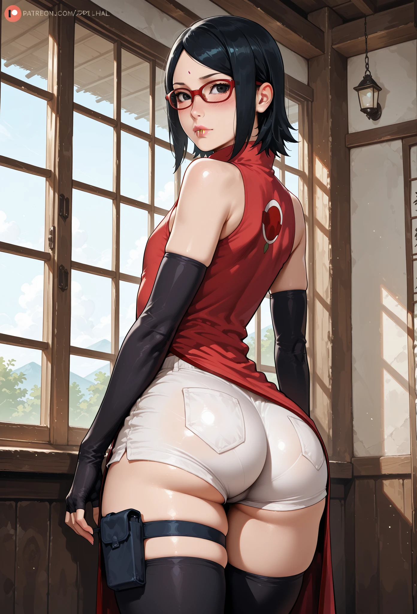 score_9, score_8_up, score_7_up, source_anime, yaoyorozumomo, yaoyorozu momo, long hair, bangs, black hair, ponytail, black eyes, high ponytail, wide ponytail, navel, cleavage, bare shoulders, belt, leotard, bare arms, center opening, red leotard, beltskirt, outdoors, cityscape, looking at viewer, upper body, huge breasts,S2Z0n1c21.5XL style, solo, girl, 1girl, solo, ass, anus, looking back, multicolored hair, white background, spread anus, looking at viewer, simple background, white hair, pussy, spread ass, stick out ass, black tights, grab ass, Spread ass, grab ass with hands, Get blush, (((Pink heart shaped eyes))), Used condom hold in mouth, bewitching look, bewitching face, Kneeling, head on floor,