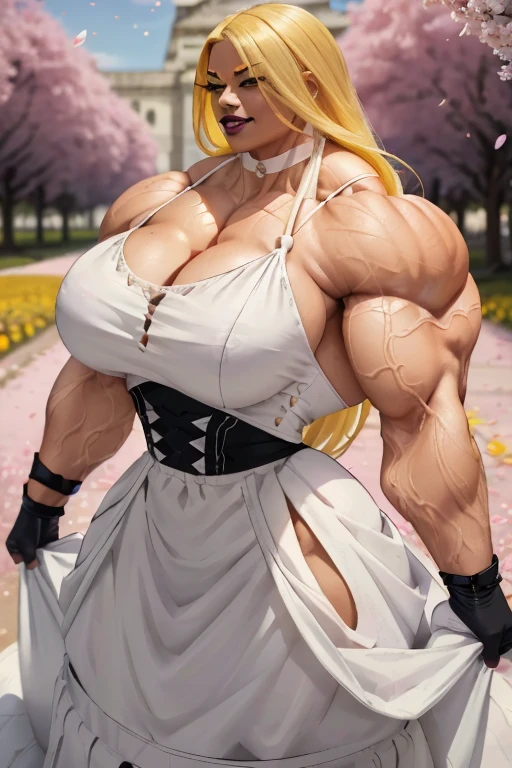 ((((Massive tall, beautiful, buff, wet, light brown skinned muscular woman with wet yellow hair, ginormous bulky muscles and wearing a beautiful white long dress)))), close view, massive muscle, massive biceps, hyper muscle shoulders, muscular arms, vascular shoulders, hyper muscle triceps, (long flowing hair), gray eyes, (beautiful white long dress), choker, (in the raining lake under a night waterfall), (doing a beautiful pose), closed smile, night, hyper vascular arm, hyper muscles arms, hyper muscle legs, (massive arms).
