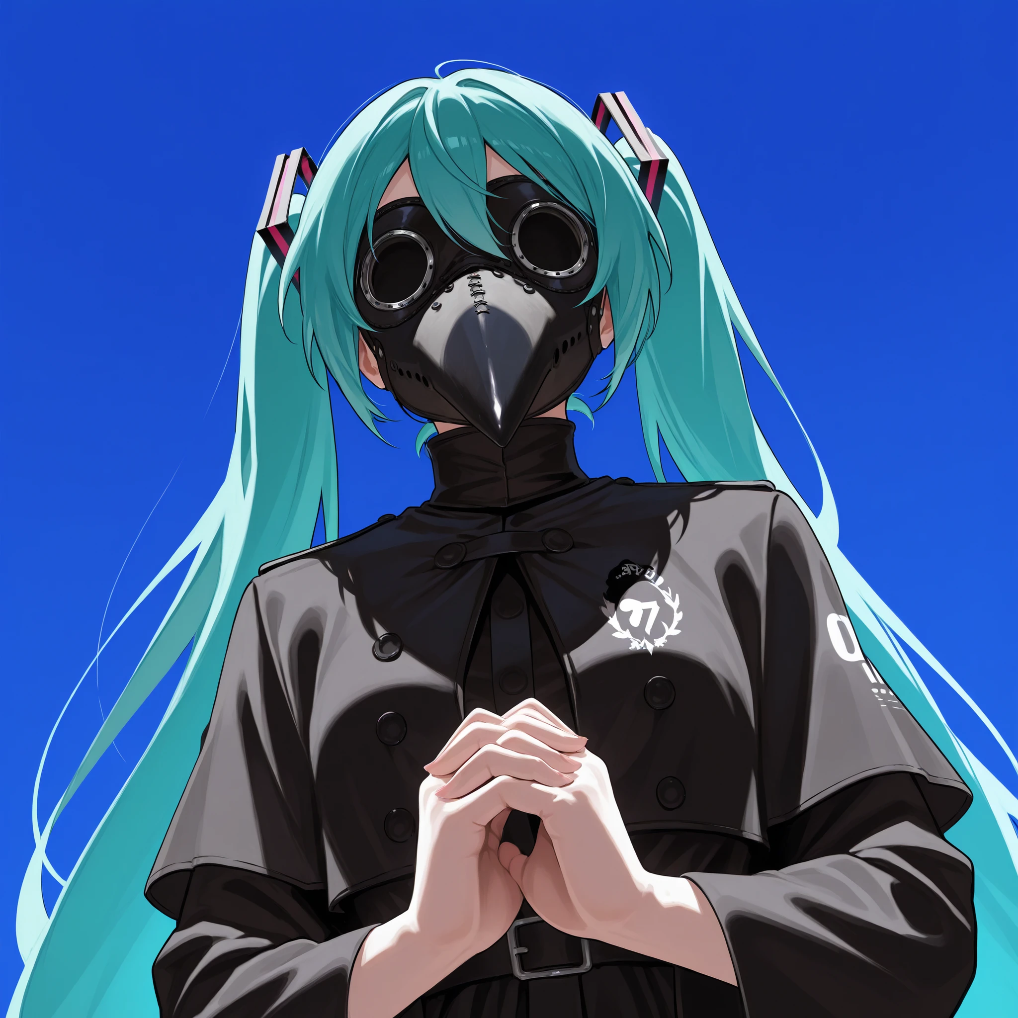 logo musical album by Hatsune Miku, elegant posture, with hands clasped, dressed in a black plague doctor costume and wearing a plague doctor mask, with a different angle of perspective, And the blue background