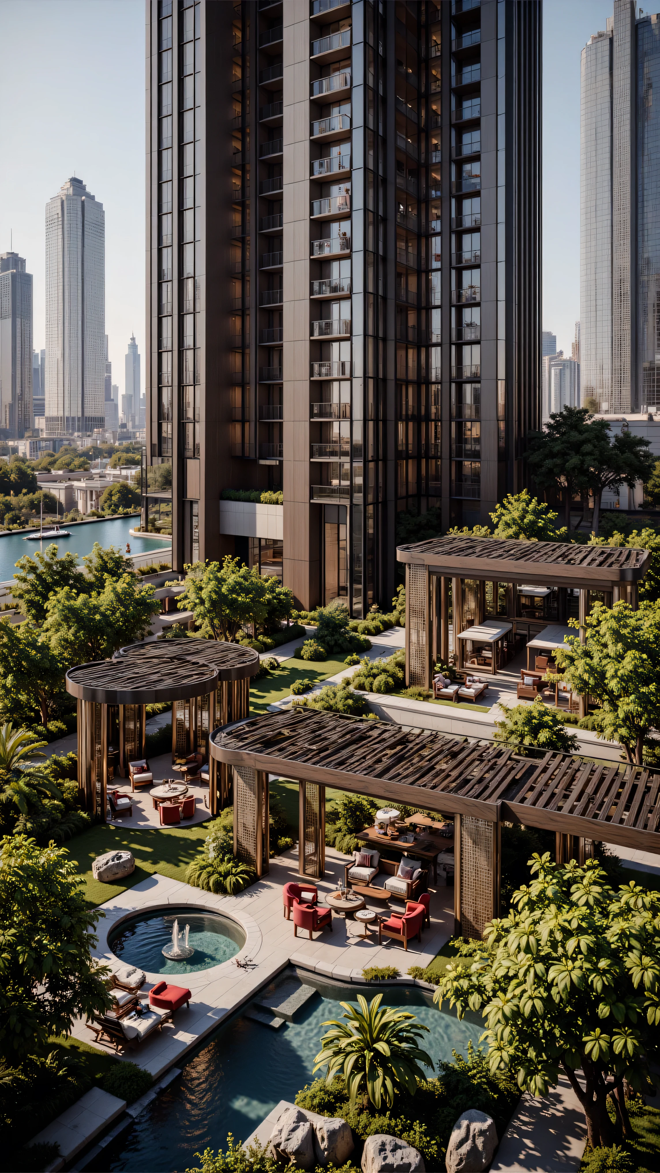 4K,8K,Studio Quality,Inside Highclass Penthouse Tower Roof Garden, make the photo realistic, vibes color with red and dark, Billionaire Vibes Roof Garden,Full Furniture. 