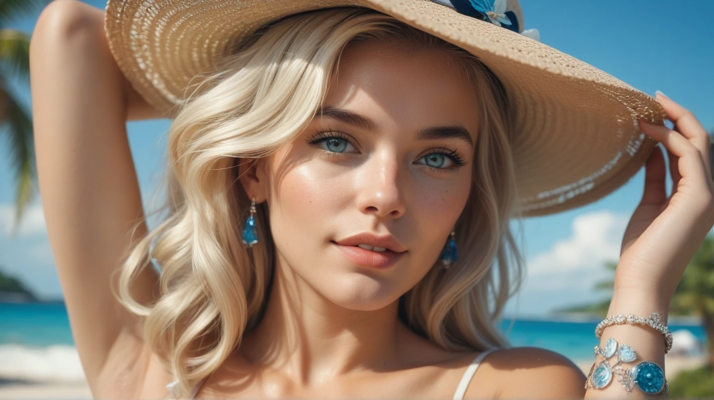 Photograph of a woman, (sympathetic expression on his face), ultra textured leather, goosebumps, White hair, slim build, girl jumping on a yacht in the sea, beautiful beige wicker swimsuit and hat with large brim, group profile, a luxurious and expensive yacht creates a feeling of comfort and wonder, perfect blue-green eyes, ((hard lighting:1.4)), color Velvia 100, shot on CineStill 800T, hips, sharp focus on the subject, photographed by Manuela Marques