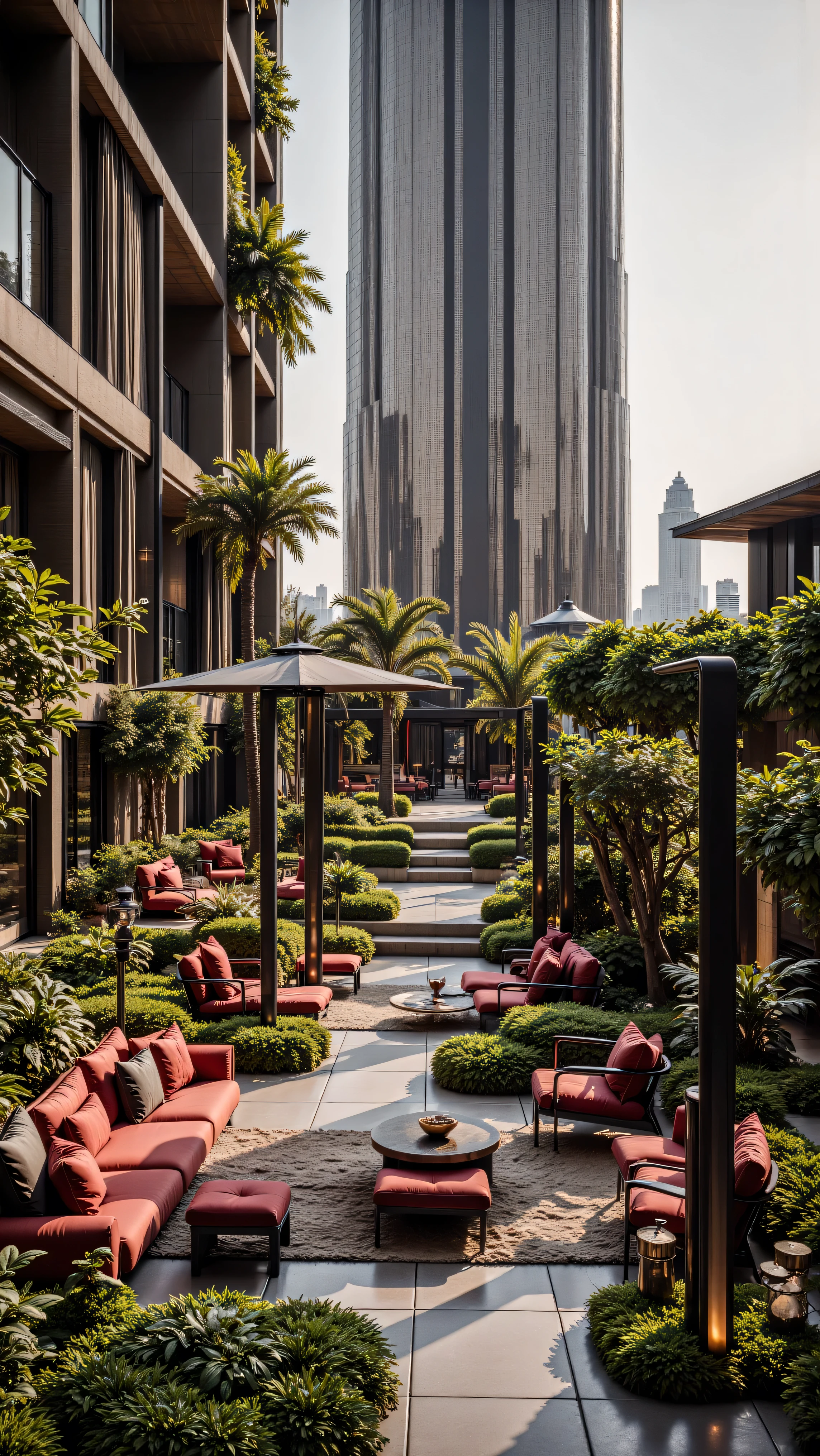 4K,8K,Studio Quality,Inside Highclass Penthouse Tower Roof Garden, make the photo realistic, vibes color with red and dark, Billionaire Vibes Roof Garden,Full Furniture.