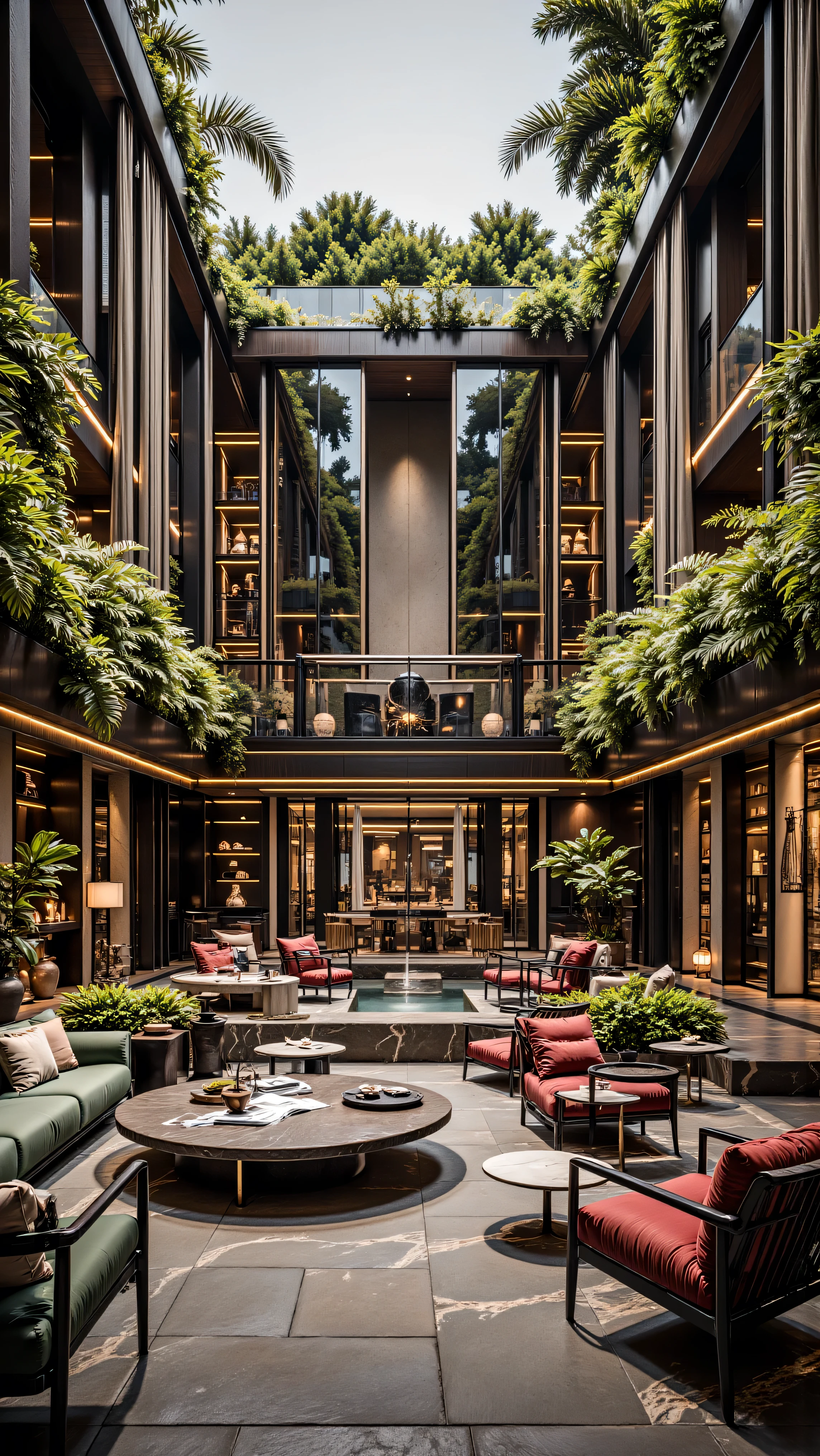 4K,8K,Studio Quality,Inside Highclass Penthouse Tower Roof Garden, make the photo realistic, vibes color with red and dark, Billionaire Vibes Roof Garden,Full Furniture. 