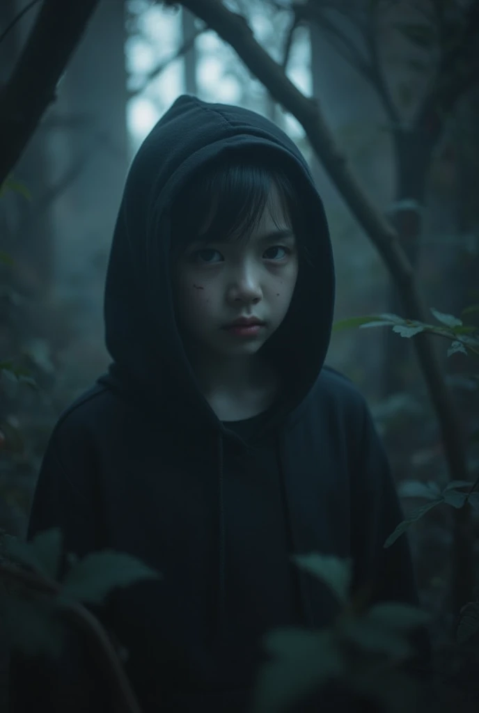 A young boy with horns and a black collar around his neck, he wears black pants too