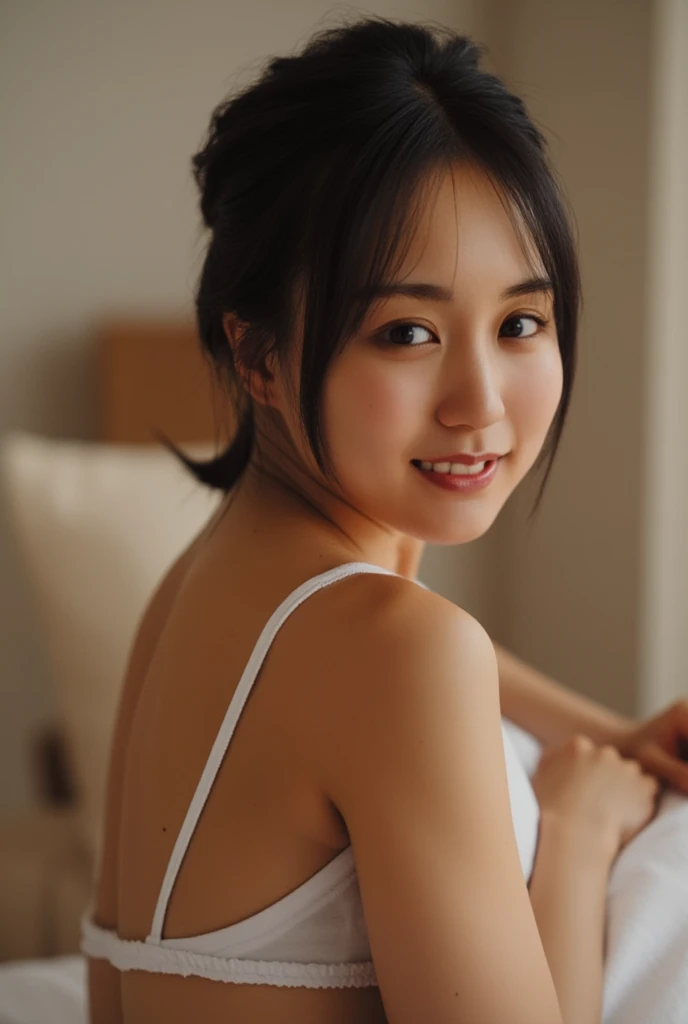 A 20 year old Japanese woman in the bathroom, with a serious face and erotic eyes showing her knees