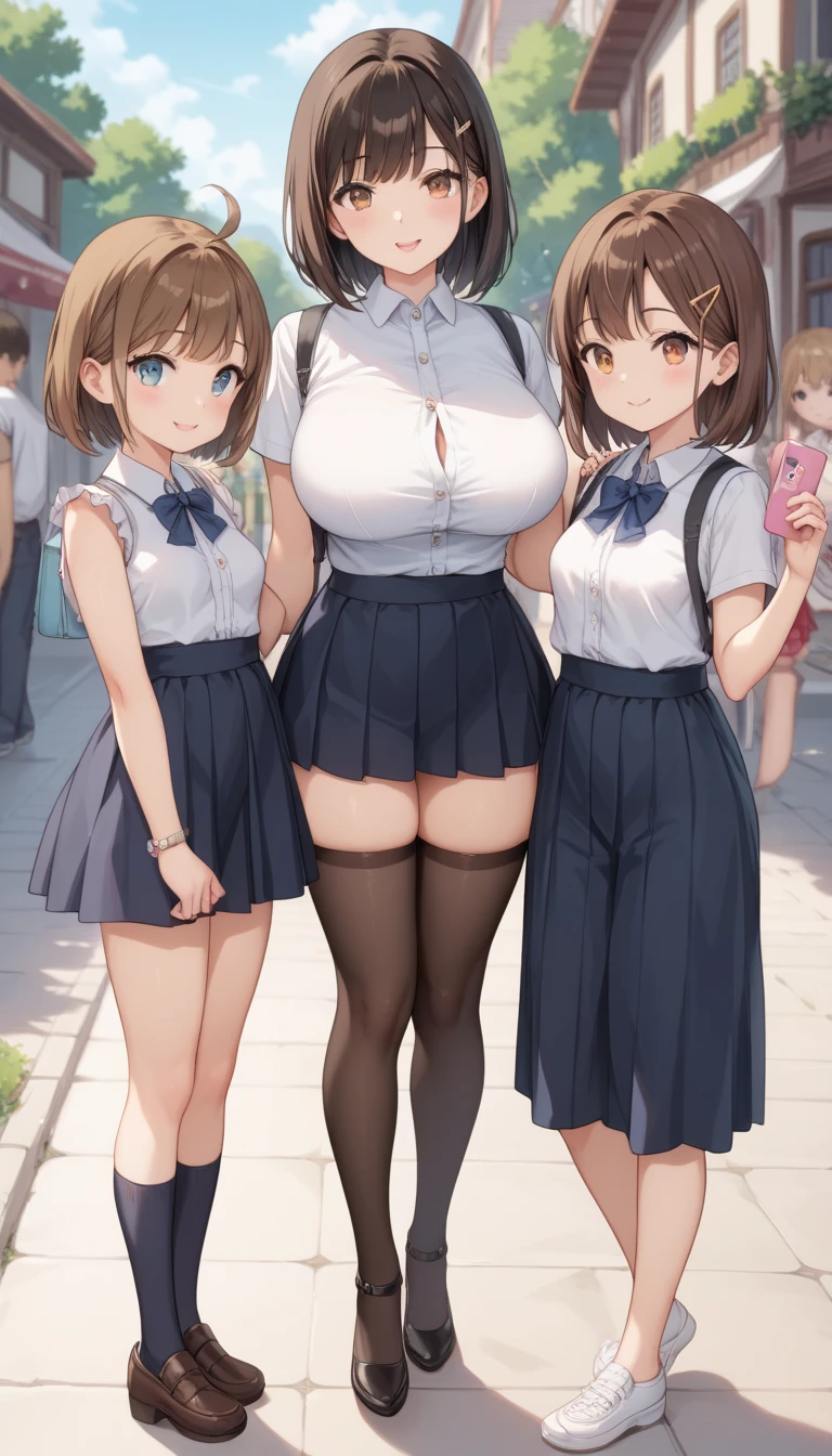8k resolution、 masterpiece、((Highest quality))、Anatomically correct、(((Three cute middle school girls showing off their white panties:1.5)))、(From below:1.5)、(Stick your butt out:1.5)、Reveal school uniforms、(((orgasm)))、Lower buttocks、Lower thighs、[:(Detailed ass:1.5):0.2]、The background is blue sky、Shot with an ultra-wide-angle lens、The face and lower abdomen fill the entire screen