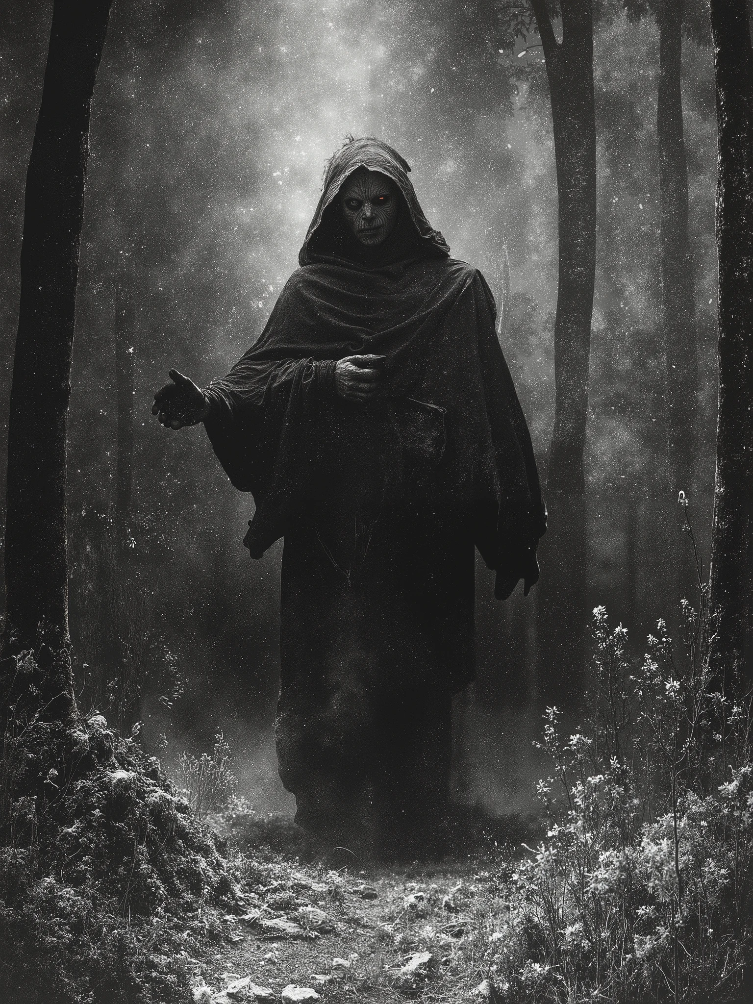 Frozen shadows: A dark gothic horror Symphony of the Macabre! Grim sagas and gritty fantastical folktales, behold the Ancient shadows of the lens, occult references , vintage gothic horror, spooky surrealism, paranormal photos from the other side, dark creepy, the enigmatic and malevolent hooded witch of the cursed woods, analog horror dreadfully macabre, moody and atmospheric, (Victorian gothic), Eerie and “nightmarefuel+”, weathered foreboding,, ghostly and spectral forms, rich grungy distressed textures, century old black and white photo, dark, shadowy, distorted, super8 film grain