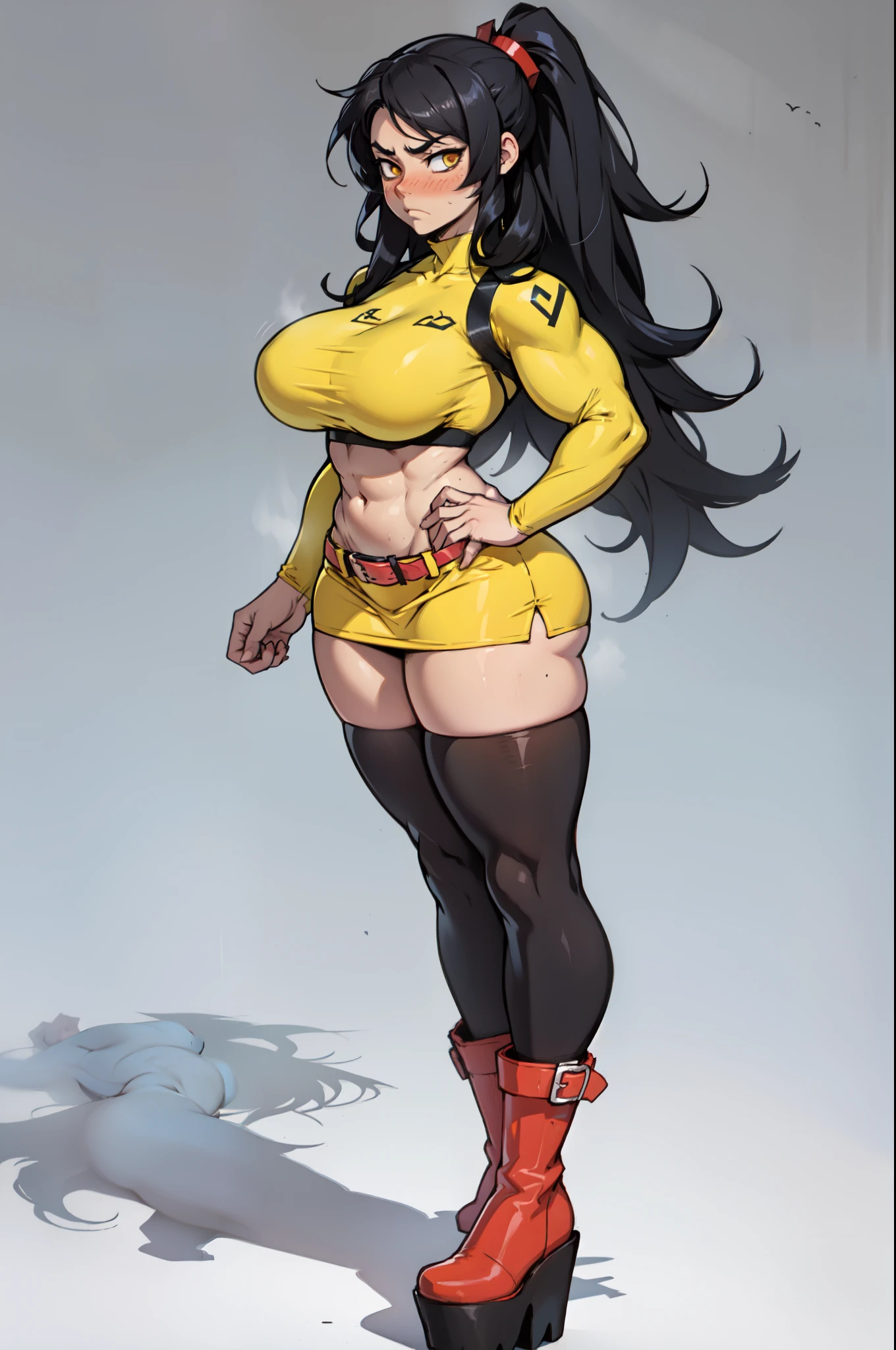 software, (Beautiful yellow latex pants, Yellow latex jumpsuit with top),Black Gloves,Black high boots(Big Breasts, Beautiful breasts, Very large breasts,Larger, pointier nipples), Tall,Heavy weight,A giant body of about 3 meters,A thicker and bigger macho man,Very thick and even larger muscles,Massive, thick, and sturdy muscles,Huge, muscular arms,Even bigger, thicker muscles,Huge firm breasts,Even bigger ass,Tight waist, Curvaceous figure,Very large pregnant belly ,Ahegao, Hollow Eyes,saliva, Drooling a lot,Very bright smile,Keep your mouth wide open,Sweating profusely, trembling, Large amount of steam,Steam from the sides,shortness of breath,Flashy villain makeup,Eyes are hearts,Blushing,The tongue is very long,Best quality,