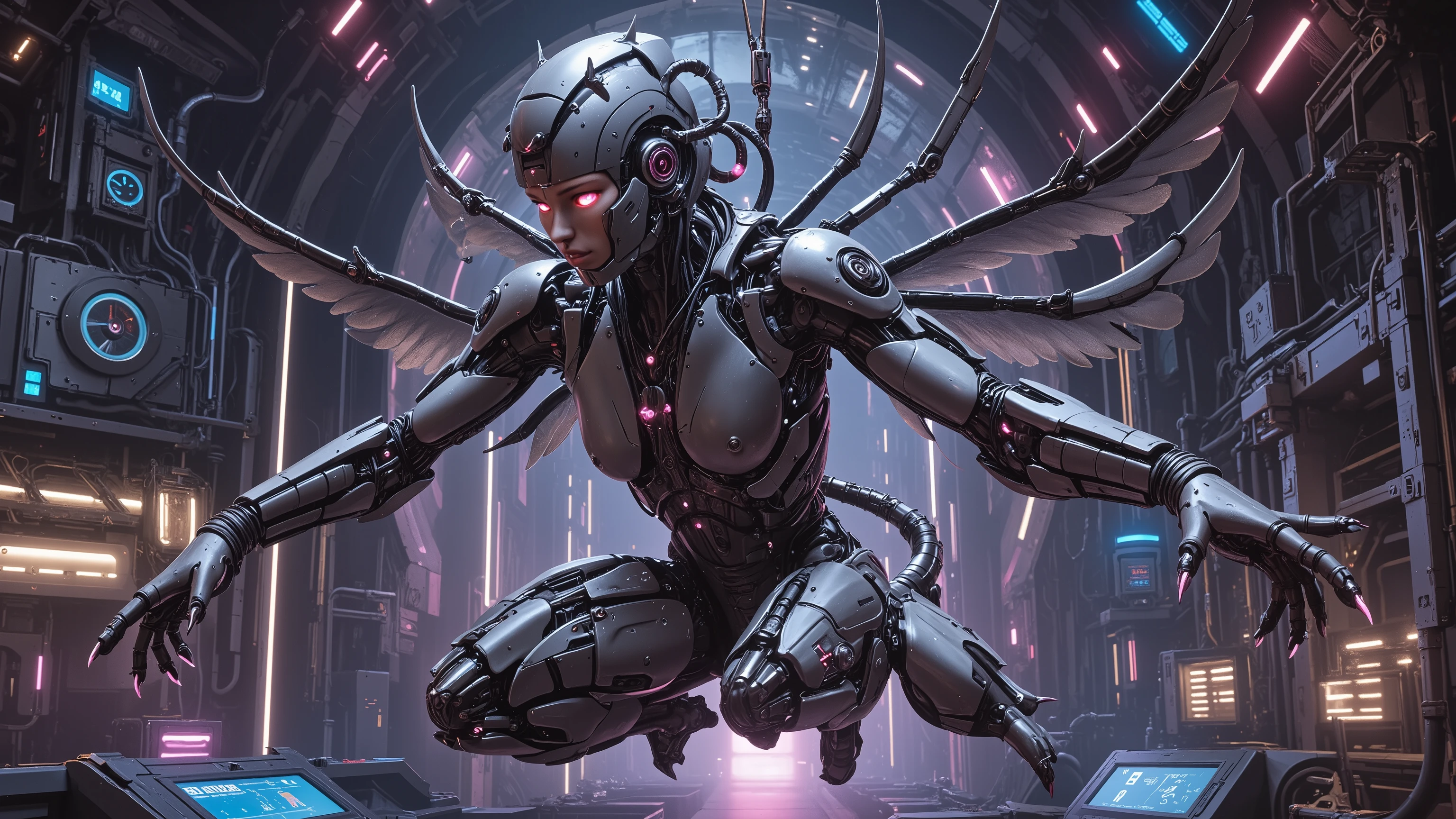 Anime drawn image, intricate, detailed, ornate, fantasy, machinery, neon, cyborg, mechanical parts, mechanical limbs, mechanical wings, cybernetic augmentations, probes, cables, wires, suspended in the air