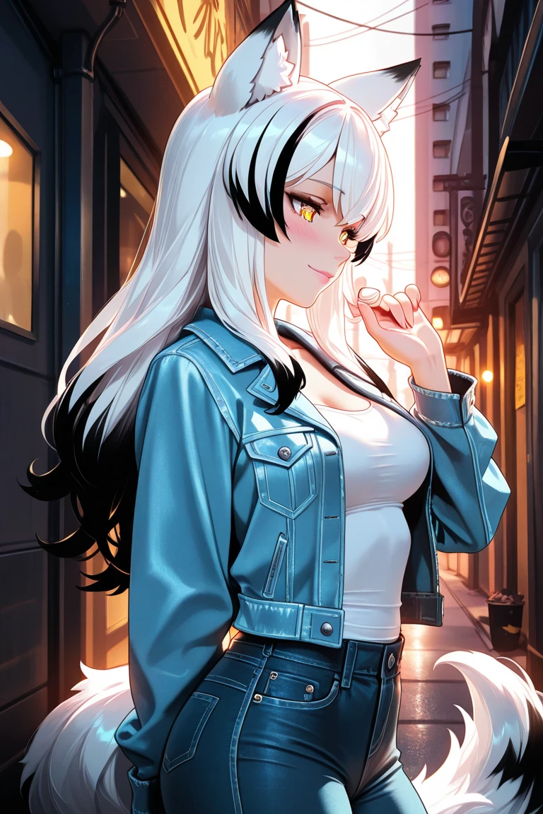 (strong and bright eyes)beautiful, beautiful woman, perfect anatomy, perfect body, big breasts, choker:1.6, captivating look, slight smile, realism, Masterpiece, view from behind, White skin , super detailed, high detail, high quality, 最high quality, 1080P, 16k, realist, 1 girl, (black fur, wide), shiny black leggings, Chapped lips, blush, alley, evening, (white long sleeve collared shirt:1.4), shy