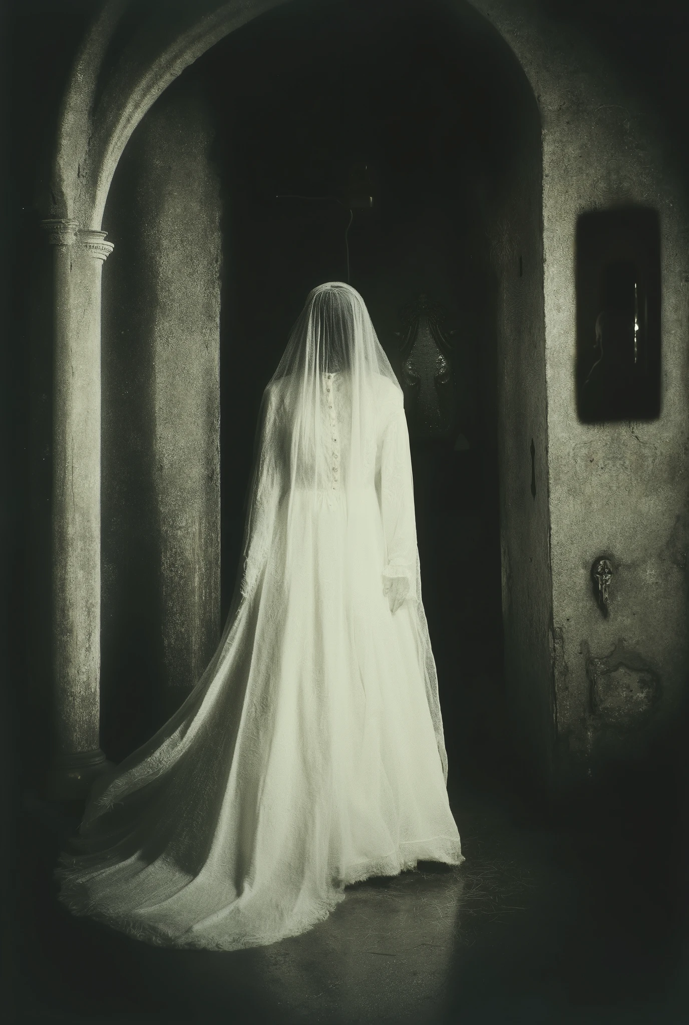 “Ancient dark shadows of the lens+”, spine chilling analog horror, dungeonpunk, riveting and a ghostly gothic photograph of the (witch in the white dress), gritty urban legends, spooky photographs from the unknown dread, the Covenant of dark Shadows, terrorealism, darkly surreal & dreadfully macabre, Dark post-gothic noir atmosphere, gloomy, vivid, rich tones, eerie atmosphere++), post apocalyptic gothic surrealism, dark dreadwave, Cornelius Agrippa, Edgar Allan Poe, dark fables, Victorian gothic horror fantasy, existential dread, “cerebral horror, occult art+”, nightmarish and unsettling, Ominous haze, 1800's vintage aesthetic, olde photo, dark creepy, medieval , cloister, cathedral, black and white photo, dark shadows, crepuscular rays, unnatural distortions, super8 film grain, Sumerian grim horror sagas from Purgatory, demonic lore, paranormal activity, low lit, supernatural, (Lesser key of Solomon), dungeonpunk+, ((art inspired by James Wan)), disturbing art (Richard Hamilton, ray Johnston, Rosalyn Dexter, Russel young, giuseppe cristiano, Antony cairns)