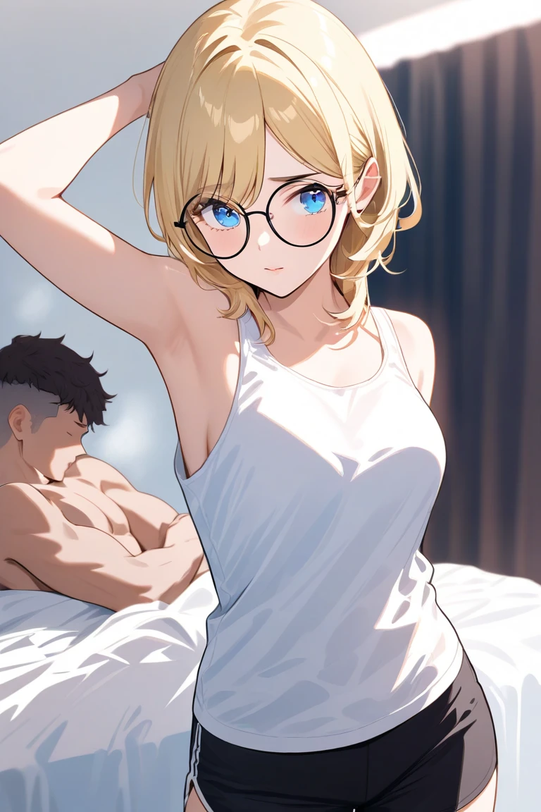 beautiful woman, beautiful face, medium bob cut blonde hair, light blue eyes, two points glasses, medium breasts, blue bra, blue panties, She holds the boy from behind, back hugging, she's teasing his penis from behind, handjob, lustful smiling with breath, my room, pastel 2d art, matte painting, anime, masterpiece 
