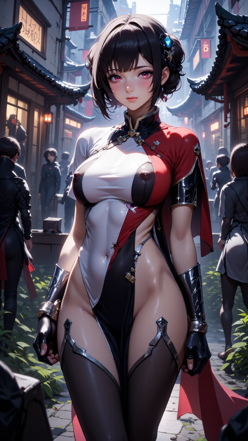 Masterpiece, top quality, high detailed, detailed face, bright eyes, outdoors, blur background, dynamic poses, dynamic angle, (from front),standing, (huge breasts),(front view:1.5), xinyandef