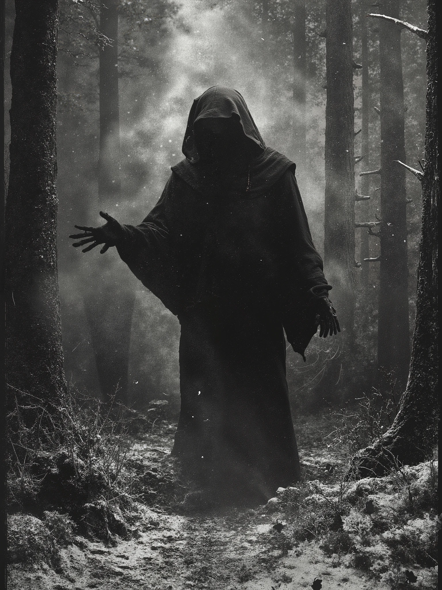 Frozen shadows: A dark gothic horror Symphony of the Macabre! Grim sagas and gritty fantastical folktales, behold the Ancient shadows of the lens, occult references , vintage gothic horror, spooky surrealism, paranormal photos from the other side, dark creepy, the enigmatic and malevolent hooded witch of the cursed woods, analog horror dreadfully macabre, moody and atmospheric, (Victorian gothic), Eerie and “nightmarefuel+”, weathered foreboding,, ghostly and spectral forms, rich grungy distressed textures, century old black and white photo, dark, shadowy, distorted, super8 film grain