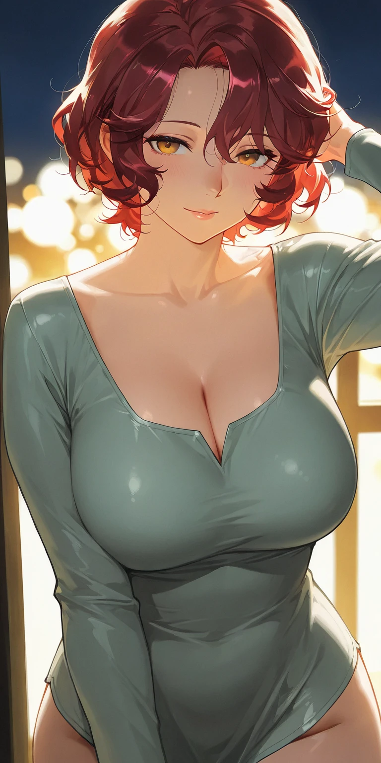 a Japanese girl, with short red curly hair, scabs on her face, naked, nsfw, laughing, doing an erotic pose with her hands on her breasts, perfect body, big chest, detailed curves, 8k, best quality, film lighting, detailed background, angle from above
