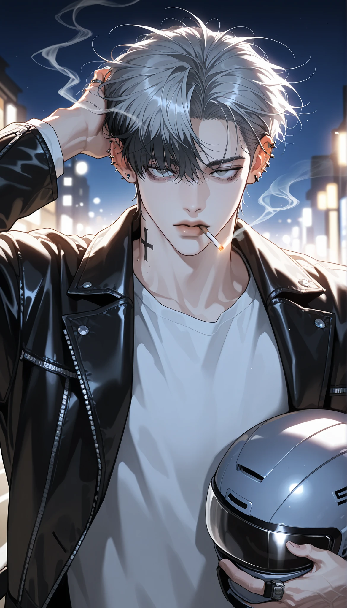 ((걸작, top quality)), handsome, alone, 1 male, short hair, gray hair, smoke gray hair tips on black hair, gray eyes, white shirt, black leather jacket , smoking, night, Black Light, sharp chin, big eyes, Thick lips, lots of piercings in the ear, cross tattoo on the back of the hand, many gray rings, straight and pretty nose, (running a hand through hair, relaxed standing pose, holding helmet in arm)