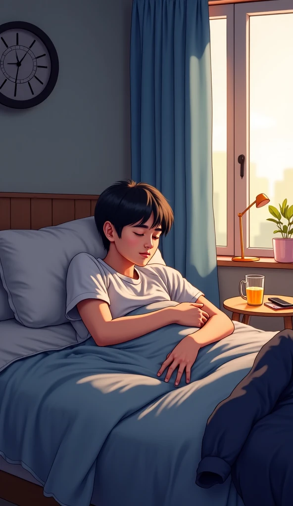 Draw a picture in anime style of a giant lying and sleeping on a couch that is much too small for him. He has brown slightly wavy chin-length hair. His stature is leaner and he has no beard. He is about 2 