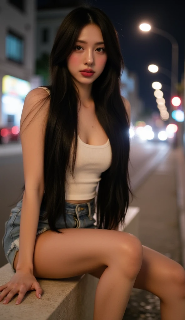 flowing tail lamp, long exposure, sensual woman in her 30s, messy hair, very vivid red eyes, perfect body, pubis, masterpiece, vibrant, bodysuit, slim dark black hoodie, cleavage, muscular, cute face, night outdoors, hot, 400mm telephoto lens, soft light, multiple lighting, soft shadow