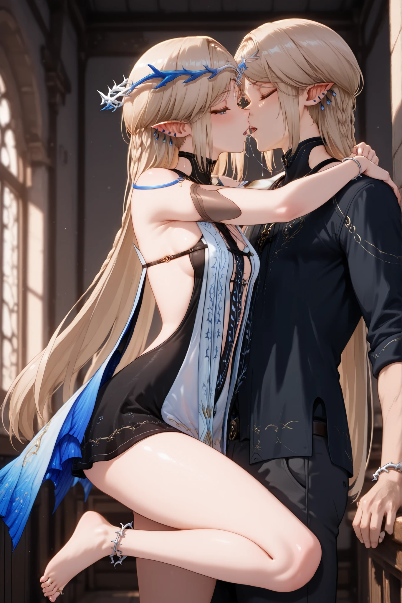 masterpiece, best quality, high quality, detailed, ultra detailed, hyper detailed, insanely detailed , Cartethyia,multicolored eyes, bright pupils, crown of thorns, multiple earrings, tacet mark, braid, undersuit, stole, detached sleeves, bracelet of thorns,barefoot, anklet of thorns, toe ring,(((sleeveless))), kissing with a male rover, kissing with a man,deep kiss, hug, leg up,((saliva, saliva trail))