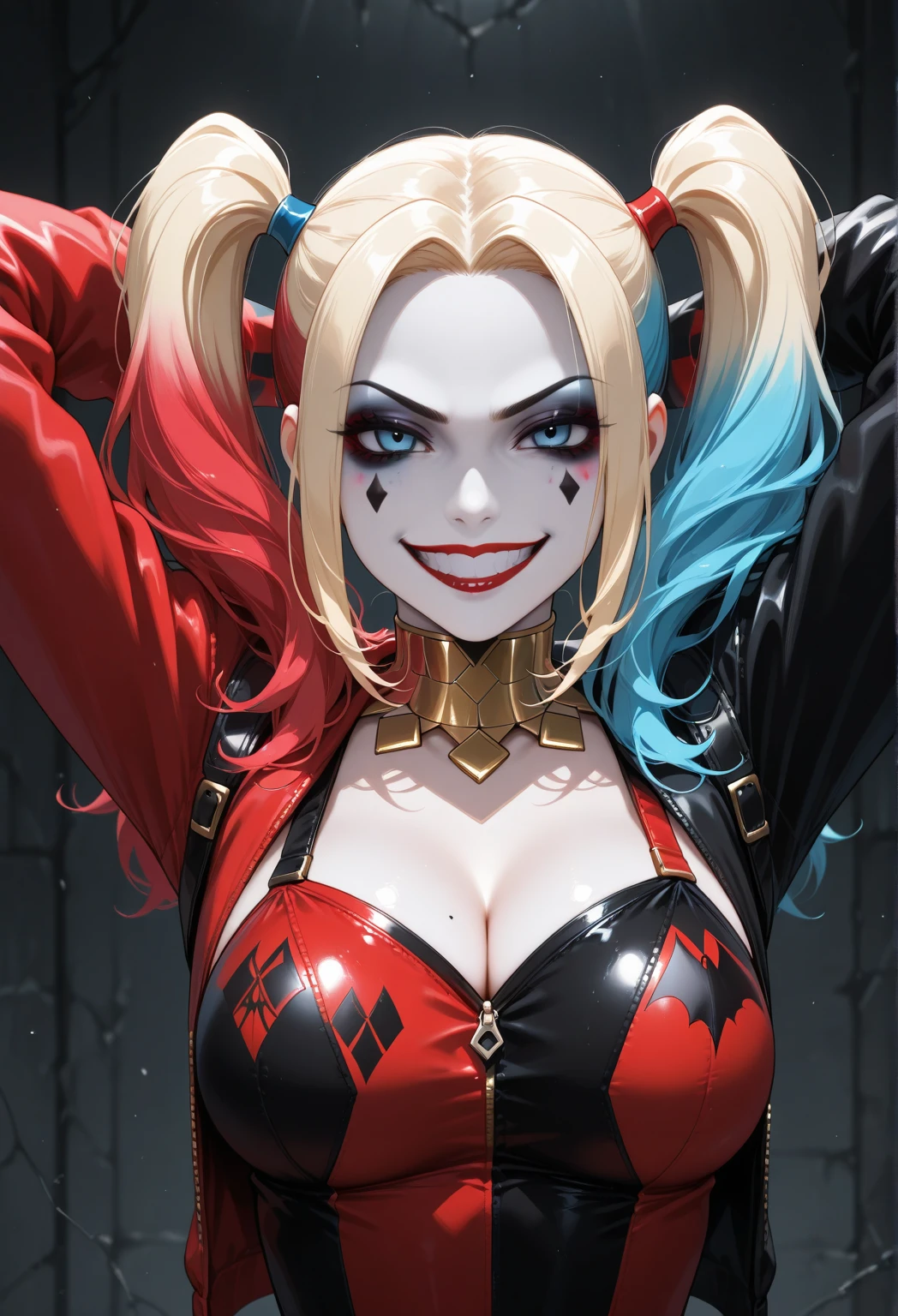 "(best quality,Altas:1.2),ultra-detalhado,Realistic:1.37,retrato,O Coringa,female version,Curvy,fundo escuro,scary expression,Rosto detalhado,olhos penetrantes,smoky eye makeup,pale-white skin,painted red lips,Longas,Cabelos selvagens,sorriso torcido,Ominous Laughter,sorriso assustador,bastante aterrorizante,Detalhes macabros,horrifying appearance,esquema de cores preto e vermelho,indutor de pesadelos,menacing presence,traje elaborado,Ambiente misterioso,Gothic vibes,intense illumination,assombrosamente bela,arte macabra"