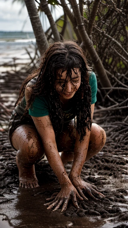 araffe girl in mud pit with mud on her face, her face is covered with mud, her face muddy and sweat, covered in mud, covered in dirt, in an arena pit, flying mud, wet mud, muddy colors, face covered in mud, stuck in mud, face covered in dirt, brown mud, muddy ground, mud on face, tar pit