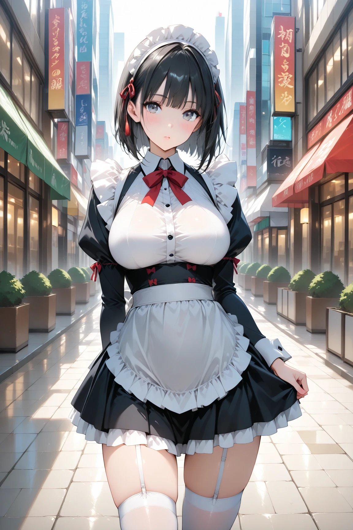 maid girl,(((1girl))),((maid girl with extremely cute and beautiful black hair)),
(large breasts:1.4),bountiful breasts,fluffy breasts,H cup bust,bust up,bulging bust top,(((black bob hair:1.35,colored inner hair,short hair,ear breathing))),((heterochromia:1.5,eye1 blue,eye2 purple,perfect eyes,upturned eyes:1.3,beautiful detailed eyes,finely detailed beautiful eyes:1,big highlight on eyes:1.2,slanted eyes)),((fat)),(((lustrous skin:1.5,bright skin: 1.5,skin tanned,shiny skin,very shiny skin,shiny body,plastic glitter skin,exaggerated shiny skin,illuminated skin,wet legs))),(spider lower abdomen,narrow waist,wide hip,athletic body,inflated legs,delicate detailed fingers,detailed body,human hands,(detailed face)),
cute,slutty,seductive,erotic,((nsfw)),
zettai ryouiki,(maid headdress),maid uniform,Headdress,(maid),sleeveless,mini skirt,boots,cleavage cutout,bare legs,clothes with a lot of lace frills,((wet clothes,detailed outfit,detailed clothes)),
(dynamic pose:1.0),solo focus,embarrassed,blush,sweat,((tears,open mouth)),moist eyes,(centered,scale to fit dimensions,Rule of thirds),
cyberpunk city by the ocean at night, with bright neon signs and dark stormy clouds and puddles,
High resolution, sharp focus, (ultra detailed, extremely detailed), (photorealistic artwork:1.37), 8k wallpaper,((synthwave background theme)),((vibrant colors)),(intricate),masterpiece,(best quality),