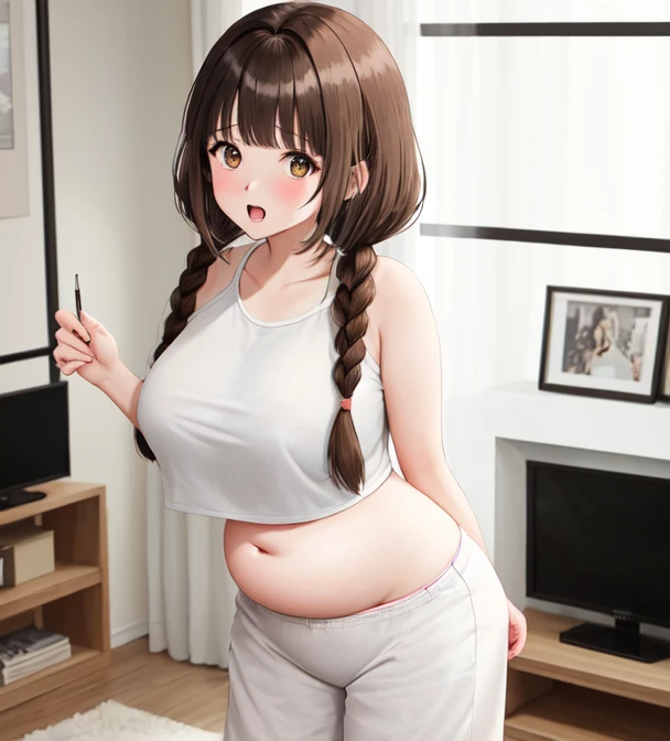 Miko Iino, fat, , chubby, overweight, twin tails, fat, large belly, standing, fat belly, very fat, , chubby,very fat, safe for work, obese, belly fat, fat, huge, heavy, very fat, safe for work, fat, standing, grabbing belly, very fat, large stomach, chubby (best quality, masterpiece),ece), stomach exposed,,, pregnant, standing, full body image, standing pose, brown hair, wearing sweatpants and a t-shirt