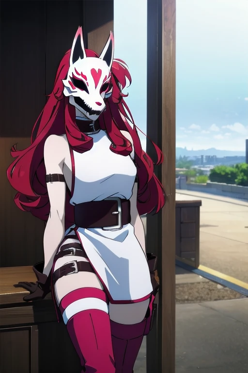 neonred, fox mask, sleeveless, gloves, thighhighs, knee boots, belt, red hair, 1girl, solo, facing viewer, looking at viewer, upper body.