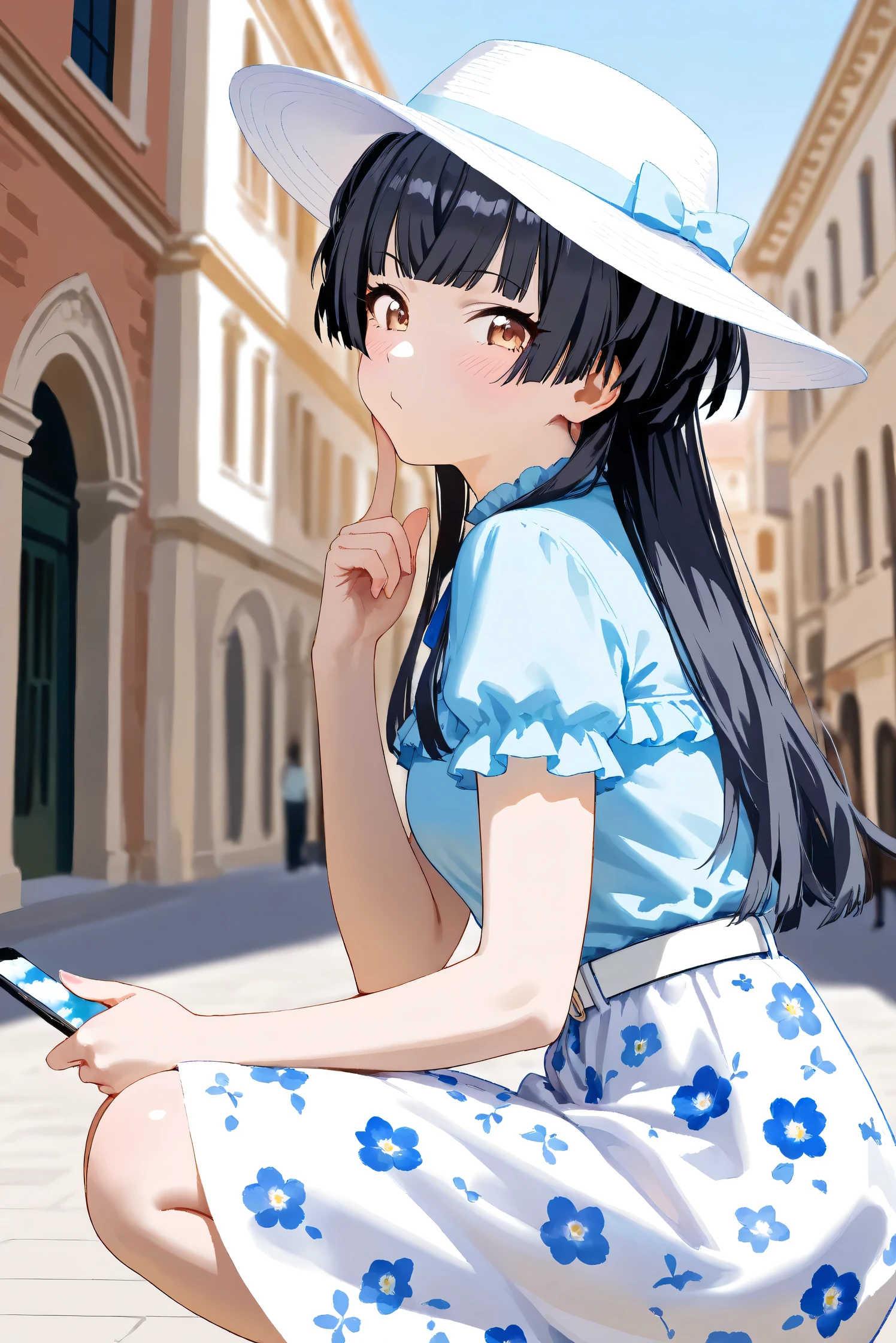 (Masterpiece), (Highest quality), (Very detailed),
(The best shape), (Best Shadow), (Absurd),
(Detailed background), (So beautiful), Shiny ,
Extraordinary, Countershading, 8k, 32K, High resolution, Beautiful eyes in every detail,
Very Detailed CG, UHD,
Score_9, Score_8_up, Score_7_up, Source_anime,
(Pastel painting:1.2), (Watercolor painting:1.2),
(Masterpiece, Detailed:1.2), (Foreshortening:1.2),
Cinematic, Dramatic, (Depth of field:1.4),
(Blurry background:1.4), (Realistic background:1.4),
(Foreshortening:1.3),Dynamic angle, 1 girl, solo,
Venice, Venice Building, Outdoor, Nature, Blue sky,
(from right side:1.2),
Mayuzumi Fuyuko,
The idolmaster shiny colors,
mayuzumi_fuyuko, 1girl, black hair, two side up, brown eyes, small breasts,
(Casual wear:1.3),
Light blue shirt, Short sleeves shirt, Frills,
ribbon, Blue ribbon,
Skirt, White skirt, Floral print skirt, Belt, White belt,
Wide Brim Hat, (White hat:1.2), Blue ribbon,
Portrait, Focus on face, (Close up shot:1.2),
(Blush:1.3), Profile,
(Holding a phone by left hand:1.2),
cheek bulge,
Put her right index finger on her cheek,
Squatting, Looking at viewer,
Realistic skin, Shiny skin,