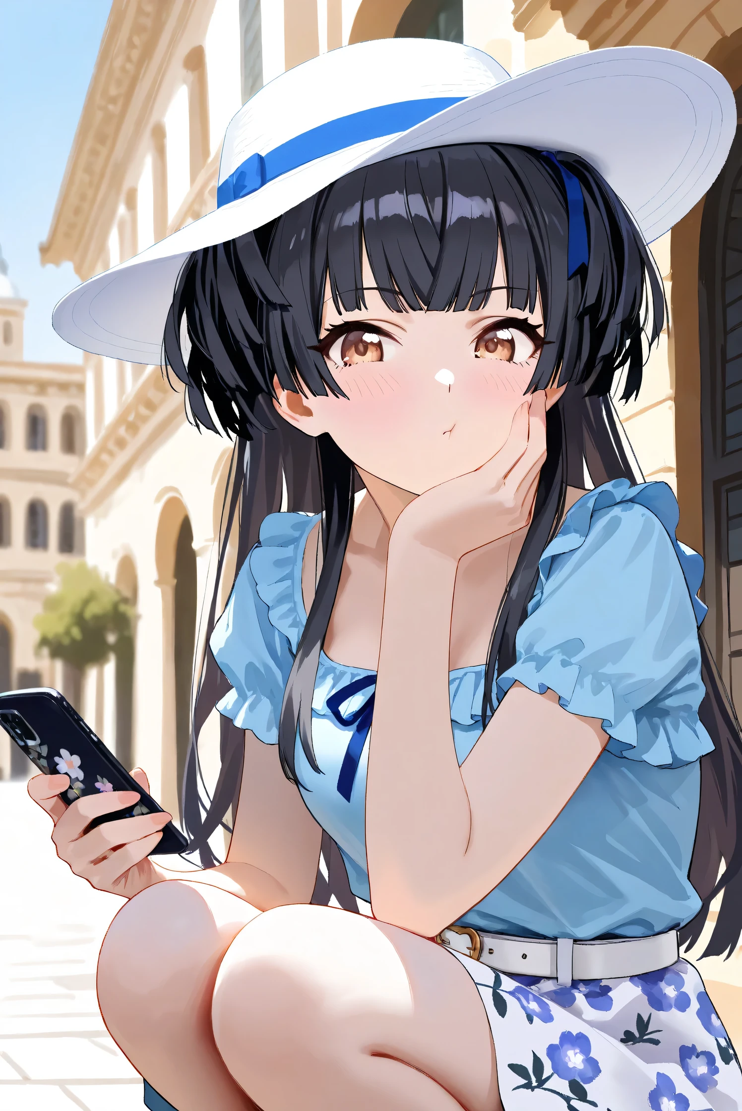 (Masterpiece), (Highest quality), (Very detailed),
(The best shape), (Best Shadow), (Absurd),
(Detailed background), (So beautiful), Shiny ,
Extraordinary, Countershading, 8k, 32K, High resolution, Beautiful eyes in every detail,
Very Detailed CG, UHD,
Score_9, Score_8_up, Score_7_up, Source_anime,
(Pastel painting:1.2), (Watercolor painting:1.2),
(Masterpiece, Detailed:1.2), (Foreshortening:1.2),
Cinematic, Dramatic, (Depth of field:1.4),
(Blurry background:1.4), (Realistic background:1.4),
(Foreshortening:1.3),Dynamic angle, 1 girl, solo,
Venice, Venice Building, Outdoor, Nature, Blue sky,
(from right side:1.2),
Mayuzumi Fuyuko,
The idolmaster shiny colors,
mayuzumi_fuyuko, 1girl, black hair, two side up, brown eyes, small breasts,
(Casual wear:1.3),
Light blue shirt, Short sleeves shirt, Frills,
ribbon, Blue ribbon,
Skirt, White skirt, Floral print skirt, Belt, White belt,
Wide Brim Hat, (White hat:1.2), Blue ribbon,
Portrait, Focus on face, (Close up shot:1.2),
(Blush:1.3), Profile,
(Holding a phone by left hand:1.2),
cheek bulge,
Put her right index finger on her cheek,
Squatting, Looking at viewer,
Realistic skin, Shiny skin,