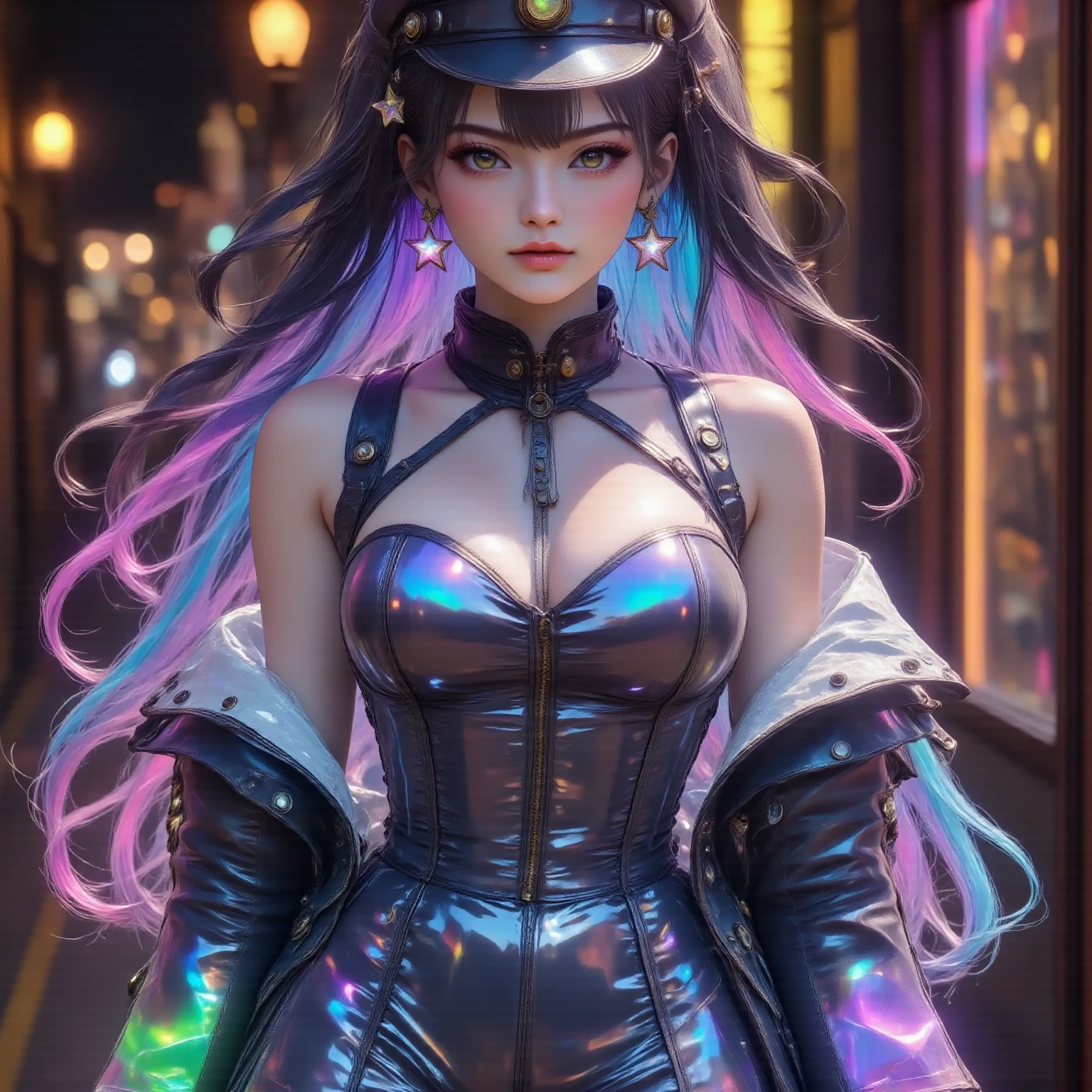 masterpiece, best quality, full body, 1girl, looking at viewer, Confident girl with slightly sassy expression, Harajuku-inspired pop outfit, bold colors and patterns, eye-catching accessories, trendy and innovative hairstyle, vibrant makeup, futuristic and dazzling cyberpunk cityscape, skyscrapers, neon signs, LED lights, bright and vivid color scheme, anime, illustration, detailed skin texture, detailed cloth texture,  beautiful detailed face, intricate details, ultra detailed, photorealistic, cinematic lighting, depth of field f/1.8