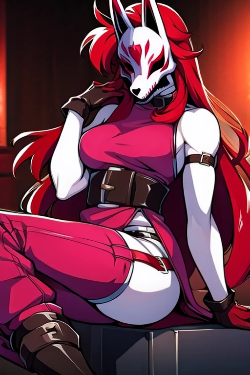 mask, neon red, masterpiece, ultra hd, absurdres, best quality, pinup, face, action pose, looking at viewer, white skin, white body, pale skin, full body, on bed