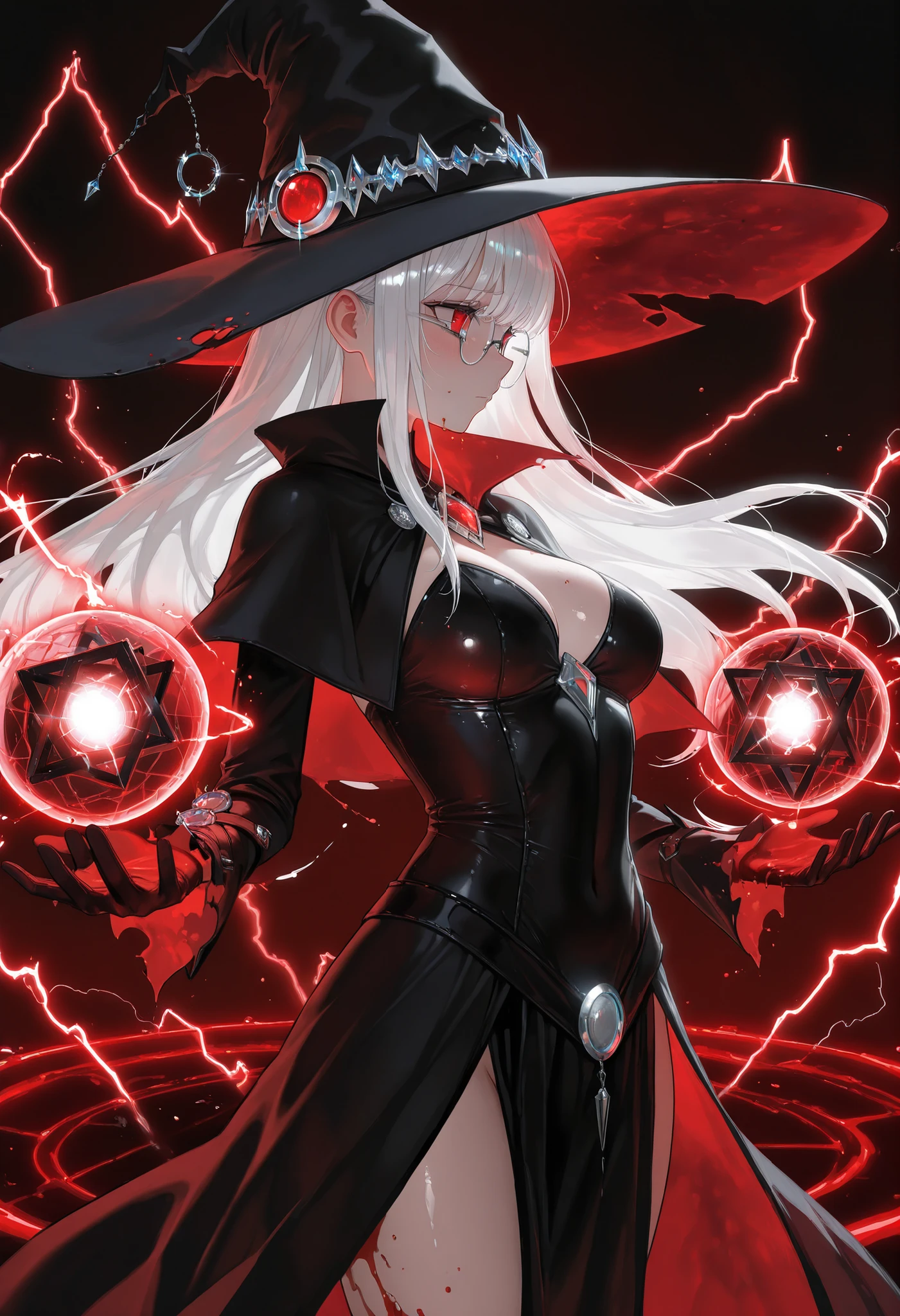masterpiece,The best quality,newer,absurdres,highres,very far away view,1 girl,adorable,muy beautiful,shy,(big ),red eyes,glasses,beautiful,piel clara, Shiny hair , ultra detailed eyes ,Force Field azul,sexy witch outfit,Hands extended,magic barrier azul,fingers,palm of the hand ,Gloves,blue transluded barrier,Collision of Powers,in profile, magic barrier,Force Field ,magic cube,defensive sphere,fractal cube, Magic Coke,red lightning coming from another wizard,Blood Witch,Blood Rital,Blood Skin