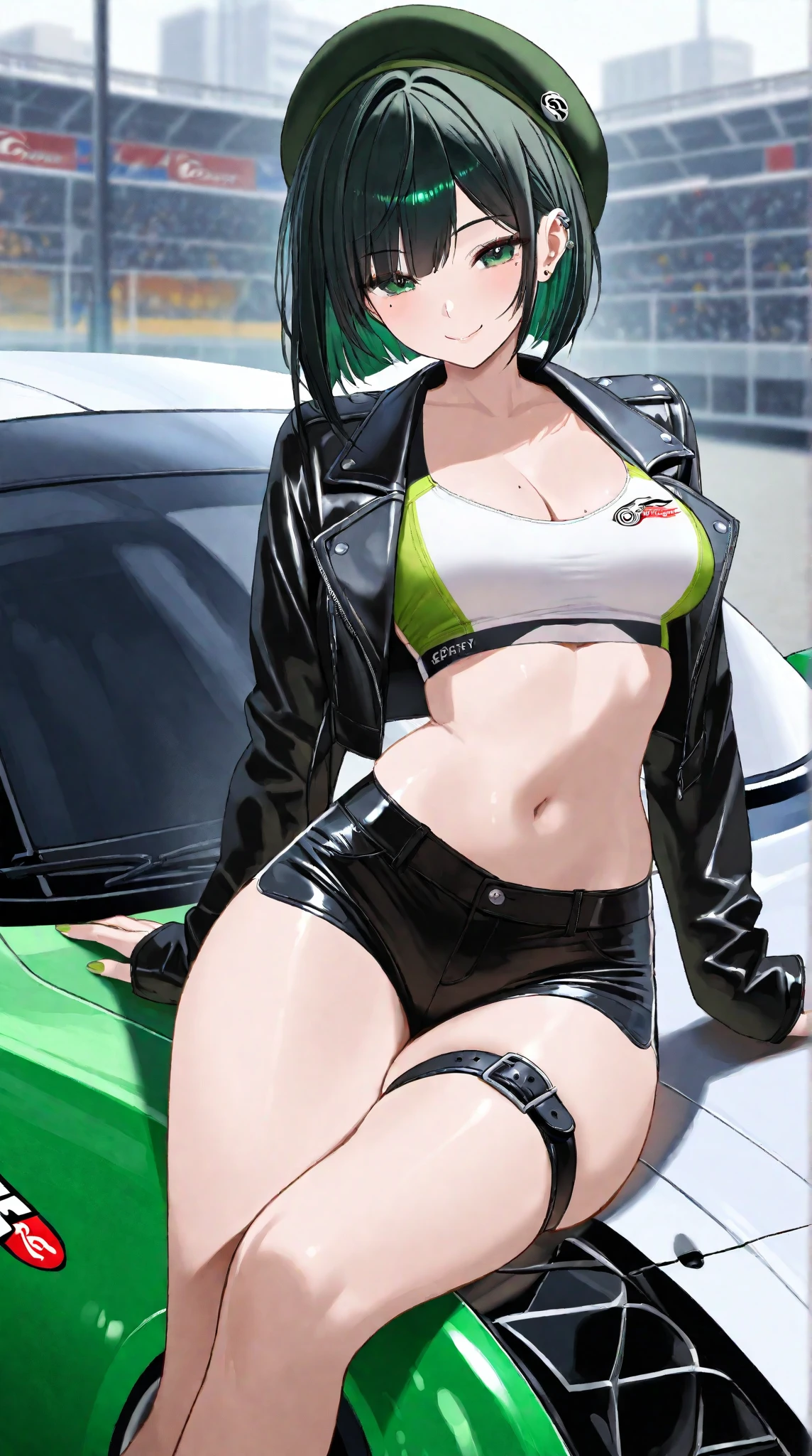 Code Geass, C.C, 1girl, (((bimbo))), long green hair, yellow eyes, ear rings, puffy lips, painted lips, thick lips, wide hips, thick thighs, small breast, huge ass, revealing cleavage, erotic, Smile face, bubble butt, camel toe, Breasts, black leather jacket, white jeans, black bra, sitting on car, night time