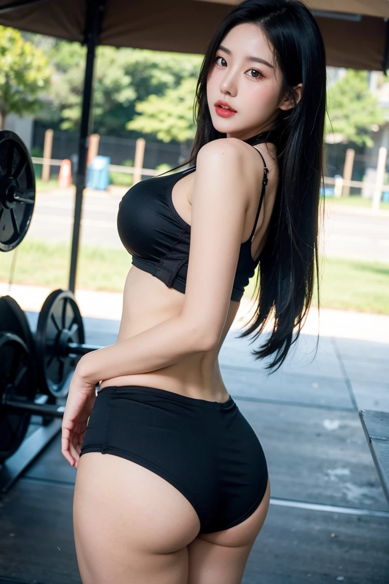 girl in a black top and shorts posing for a picture, thicc, seductive girl, most strongest pose, anime moe artstyle, chun li at the gym, beautiful girl squatting, ecchi style, attractive girl, smooth cg art, oppai, strong pose, fit girl, in a gym, (sfw) safe for work
