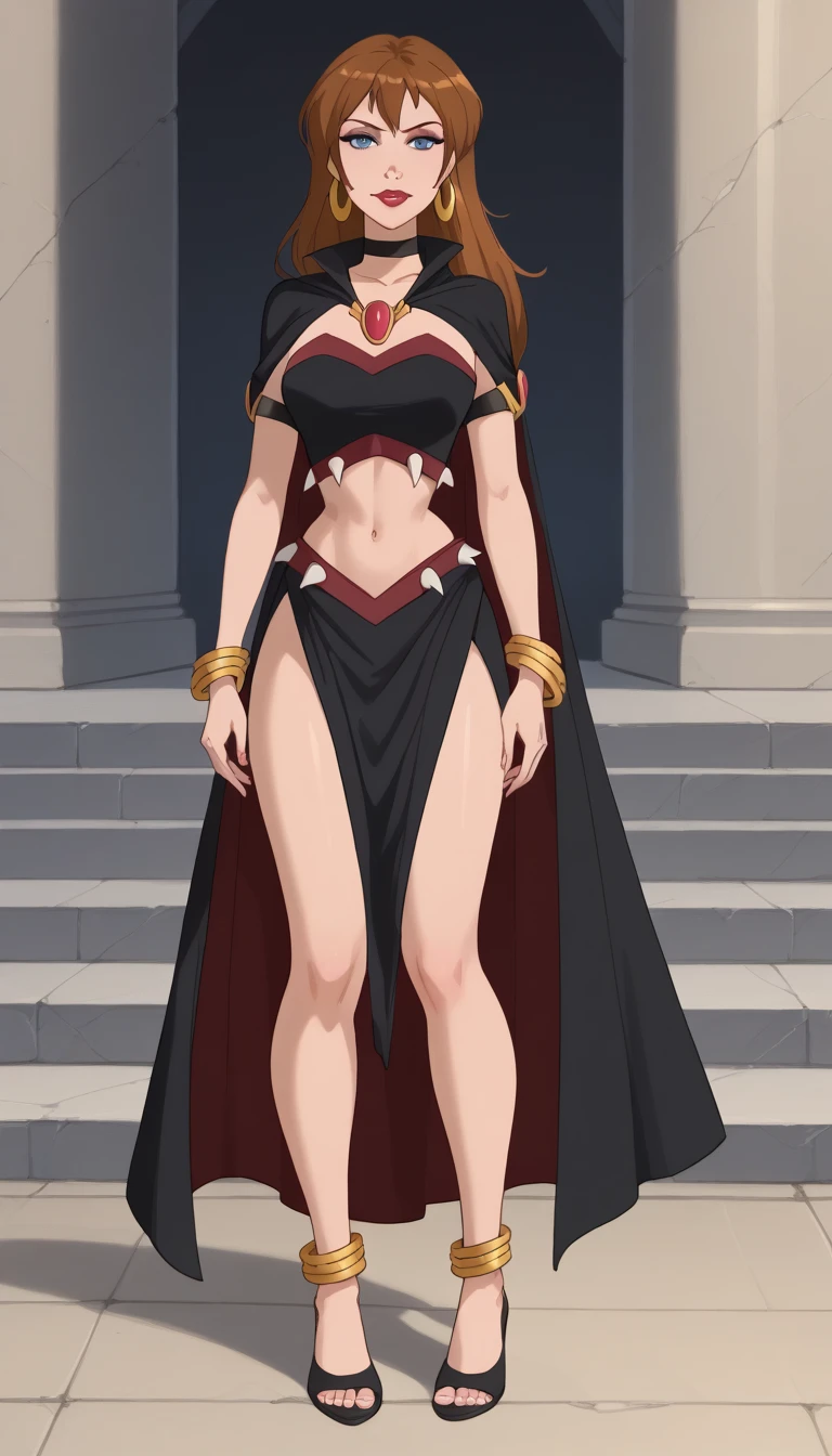 ((masterpiece,best quality)), absurdres, Queen_La_Tarzan, cape, dark skin, long white hair, black crop top, smug, smiling, solo, smiling, looking at viewer, cowboy shot, jungle in background, cinematic composition, dynamic pose,standing, full body, feet,big breast, curvy,(best quality,4k,8k,highres,masterpiece:1.2),ultra-detailed,(,1.37),portraits,vivid colors,warm tones,soft lighting, staff holding, full body, flipflops